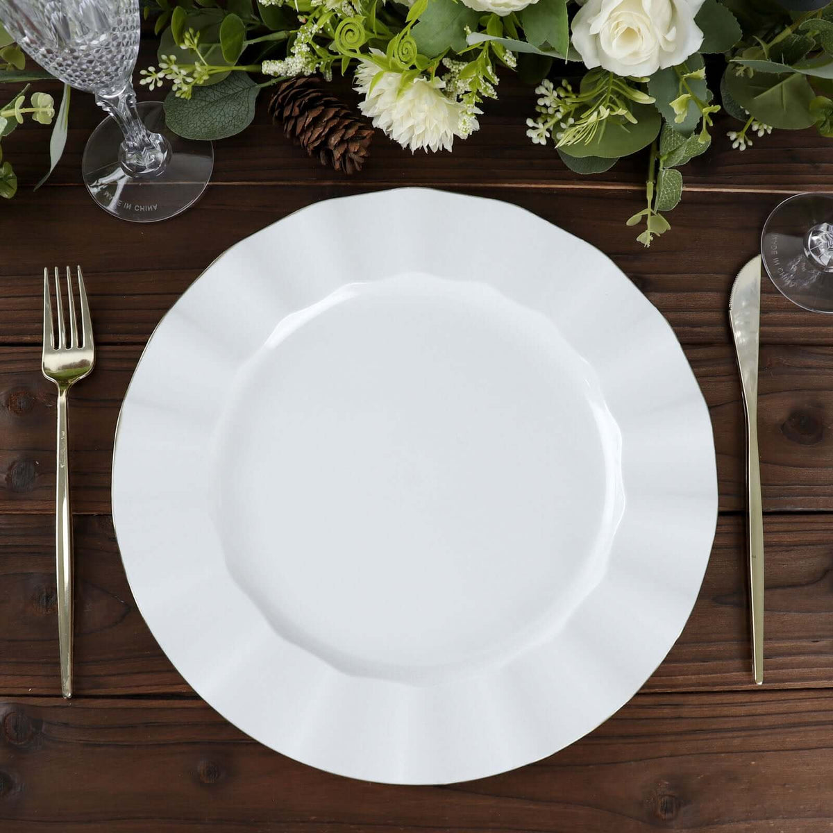 10-Pack Plastic 11" Round Dinner Plates in White Ruffled Rim with Gold Edging - Sturdy Disposable Dinnerware for Classy Events & Banquets