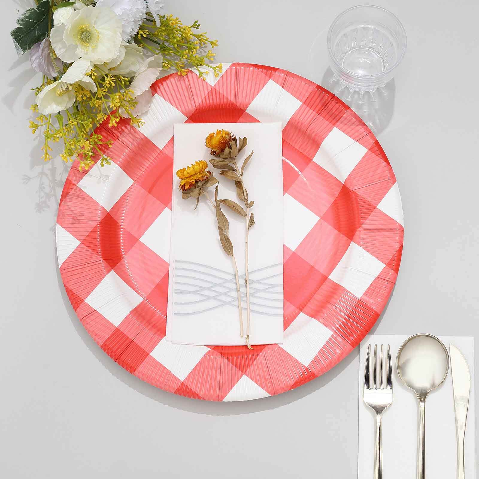 10-Pack Disposable Paper Charger Plates – Red/White Buffalo Plaid 13" Round Table Chargers, 350 GSM Cardstock