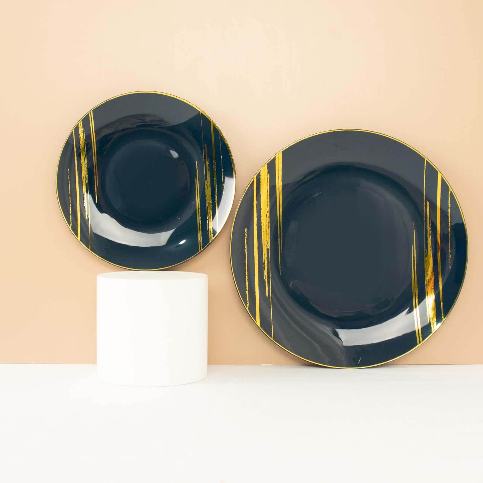 10-Pack Plastic 7" Round Dessert Plates in Navy Blue with Gold Brush Stroked Print - Disposable Appetizer Salad Plates
