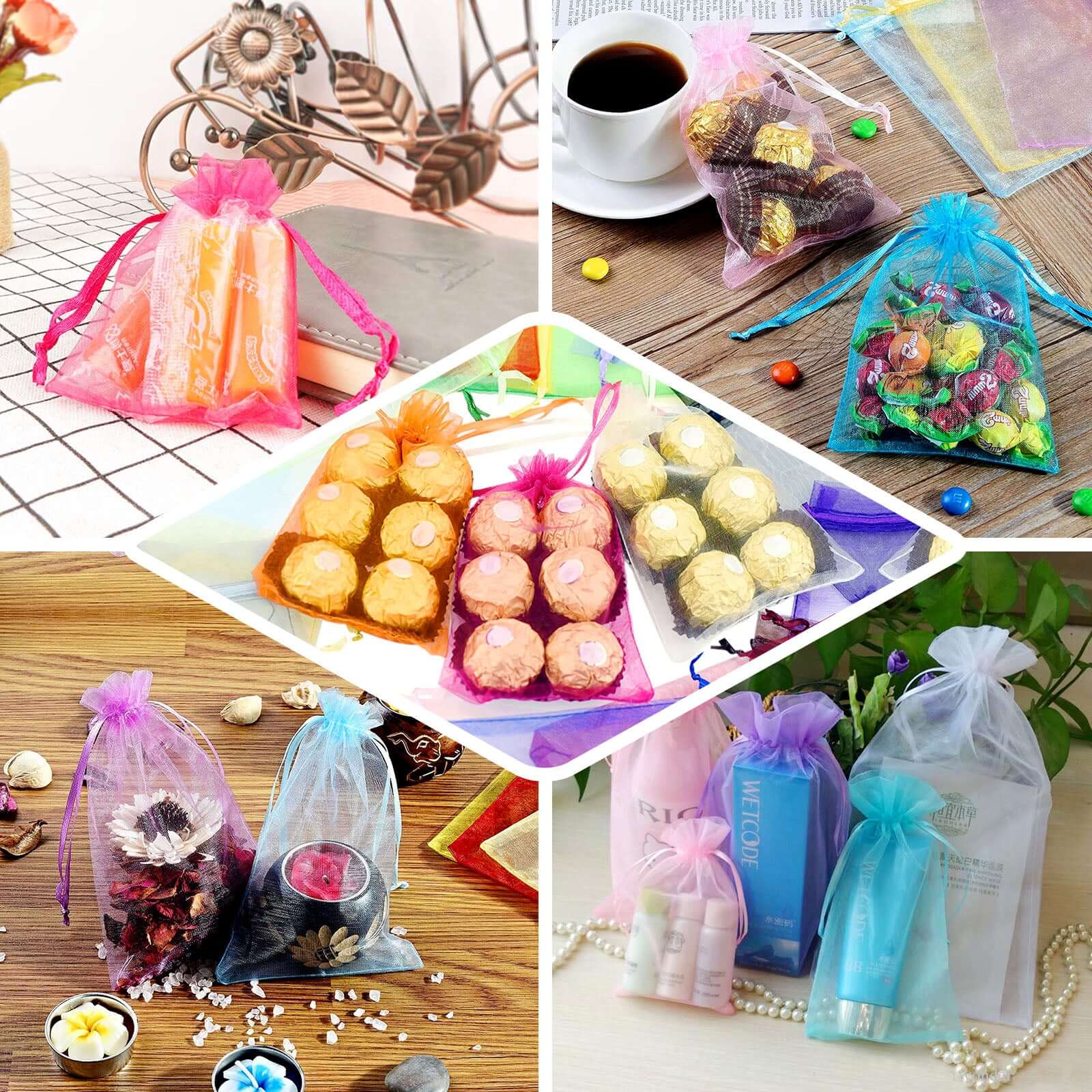 100 Pack Chocolate Organza Gift Bags with Drawstring, 6" x 9" – Wedding Party Favor Bags