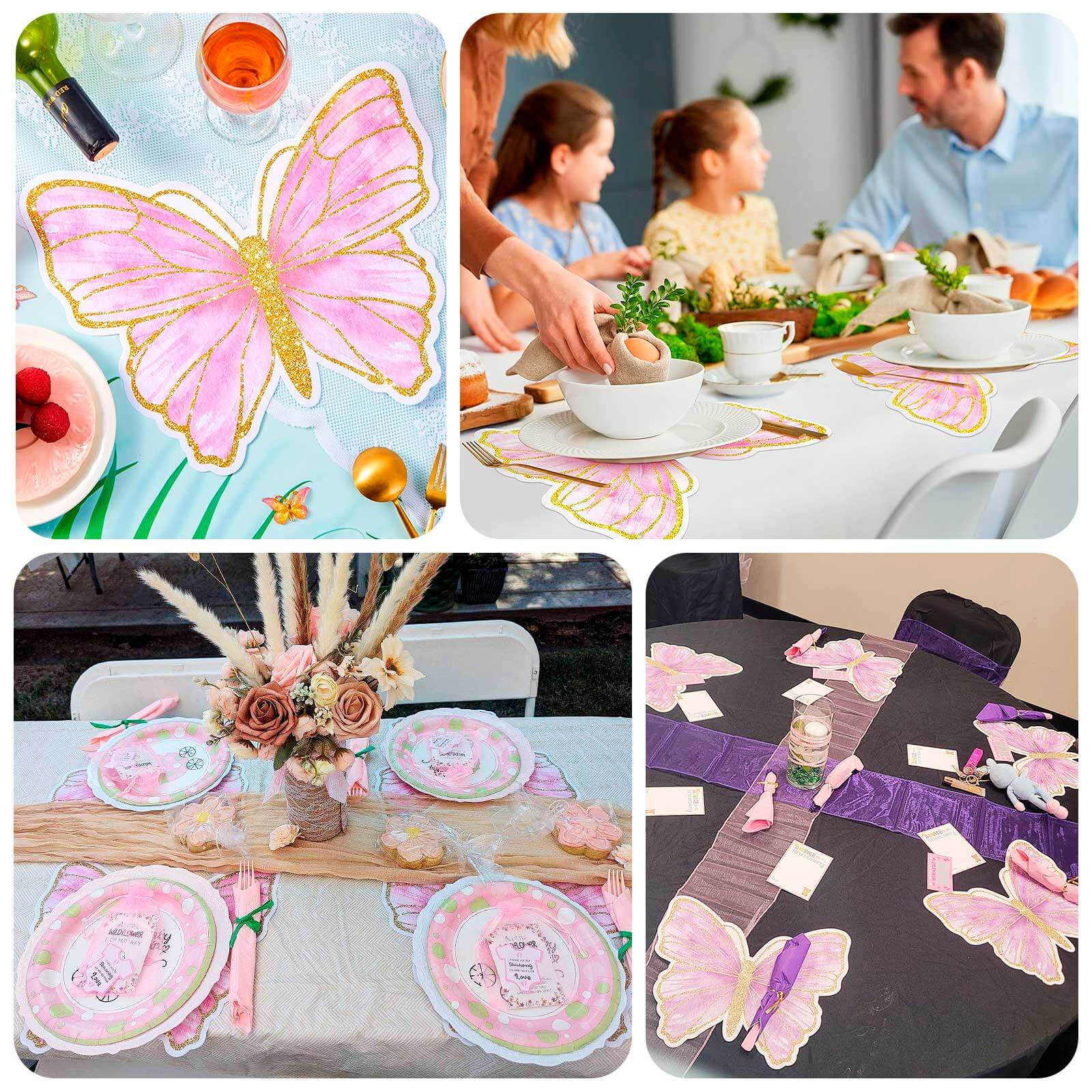 10-Pack Disposable Table Placemats with White Butterfly Design & Gold Glitters - 400GSM Cardboard Placemats for Kids' Parties, Baby Showers & Celebrations 14"