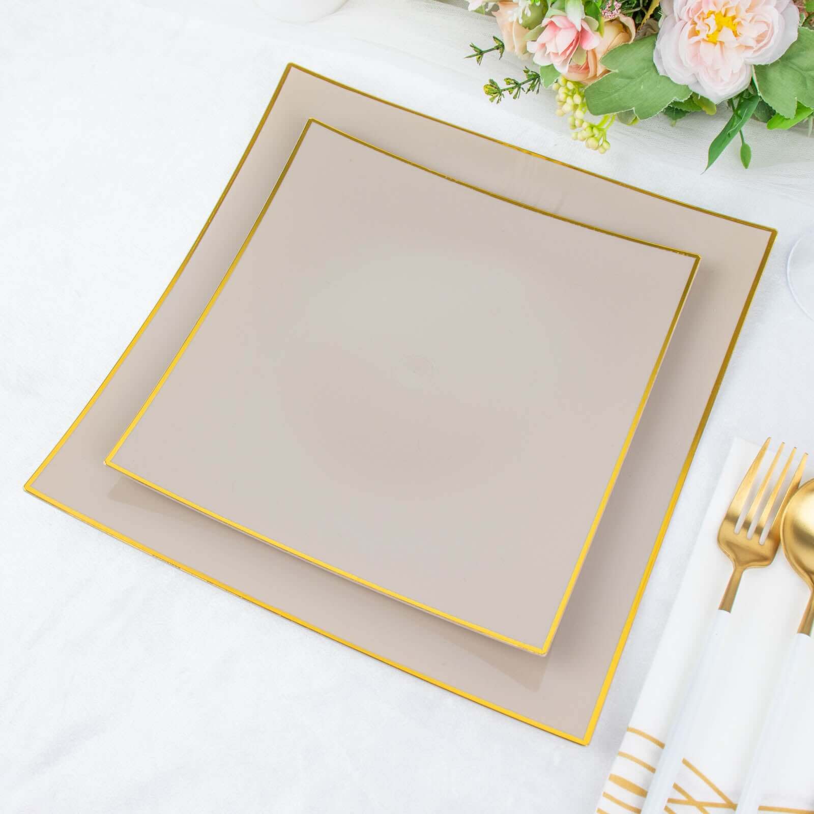10-Pack Plastic 8" Square Dessert Plates in Taupe Concave Style with Gold Rim - Modern Disposable Salad Appetizer Party Plates