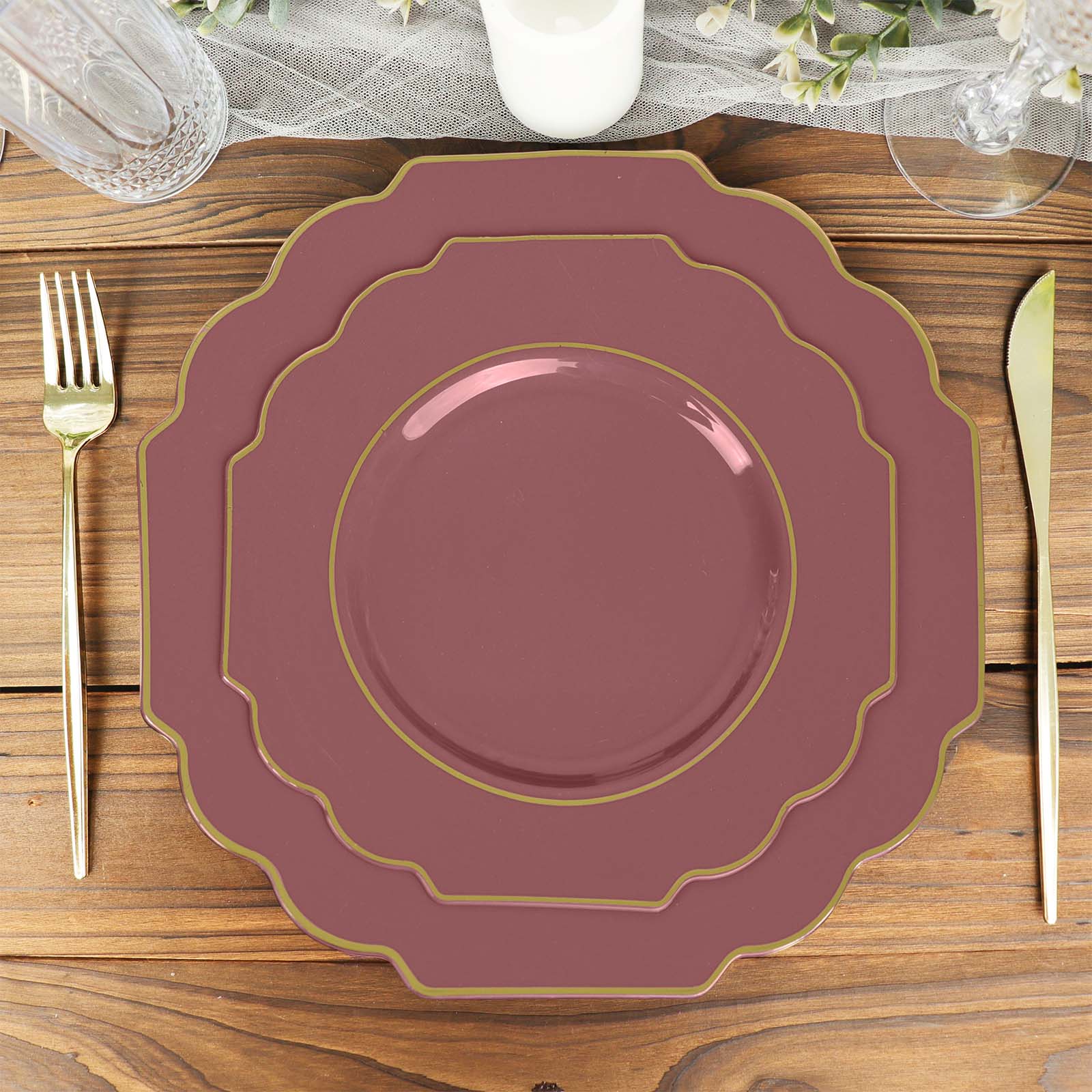 10-Pack Plastic Dessert Appetizer Plates in Cinnamon Rose Baroque Design with Scalloped Gold Rim - Heavy Duty Disposable Salad Plates 8"