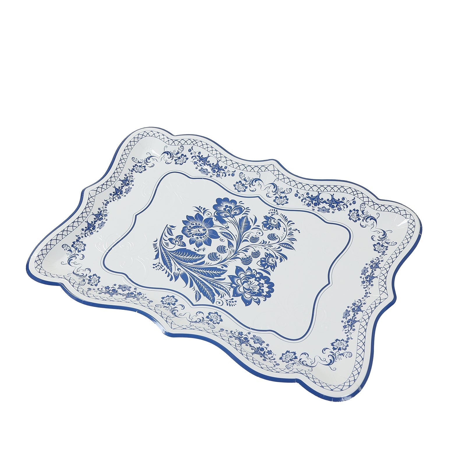 10-Pack Paper 14"x10" Rectangle Serving Trays White Royal Blue Damask Floral Pattern for Weddings & Parties