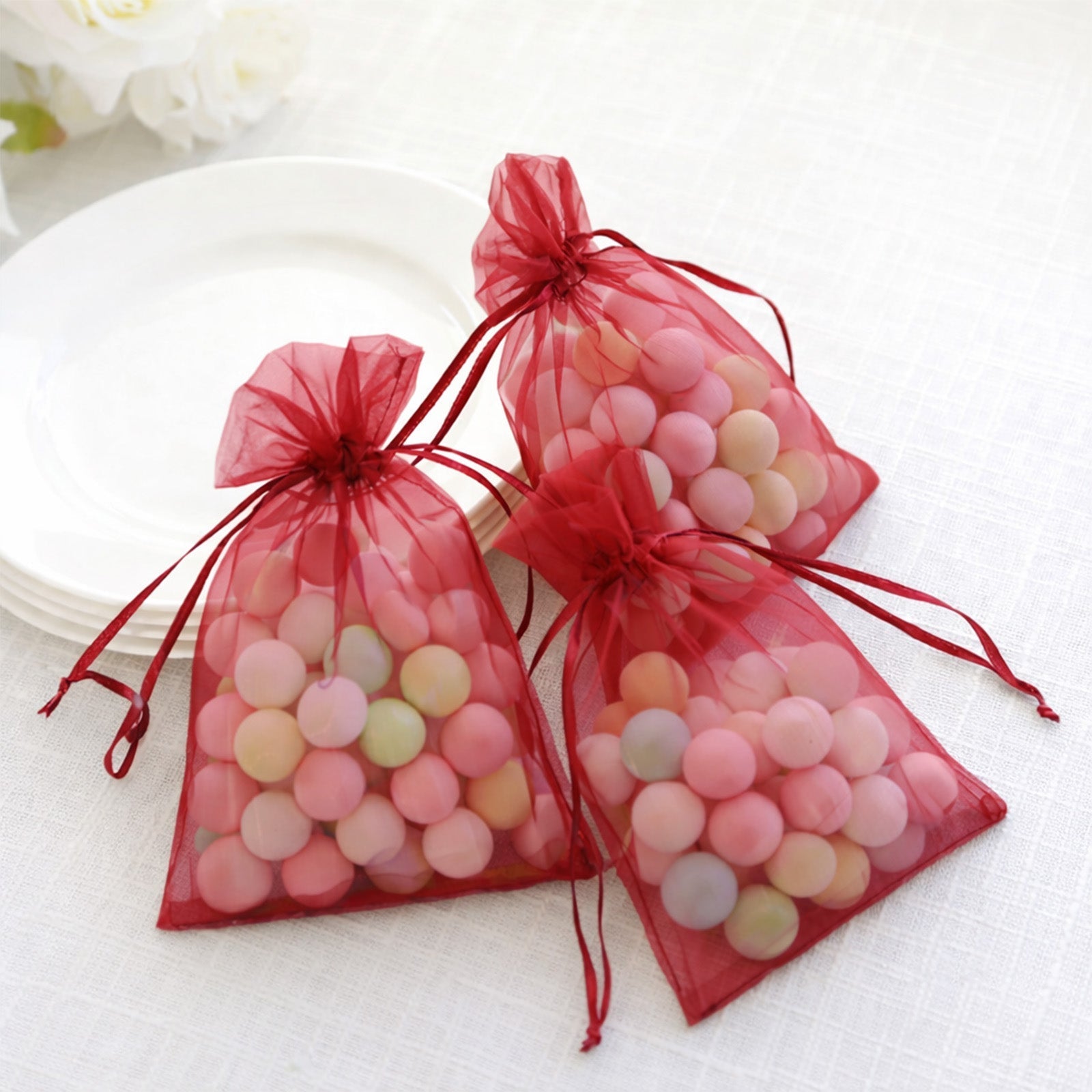 100 Pack Burgundy Organza Gift Bags with Drawstring, 5" x 7" – Wedding Party Favor Bags
