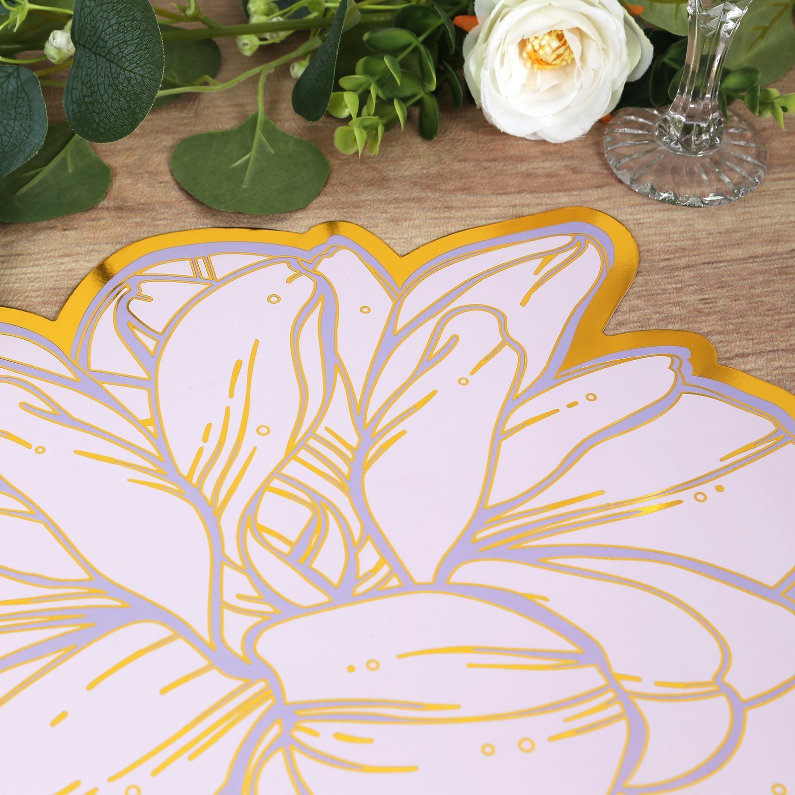 10-Pack Disposable Table Placemats in Lavender with Peony Flower Print & Gold Foil Edges - Lilac 300GSM Floral Cardboard Placemats for Dinner Parties & Gatherings 14"