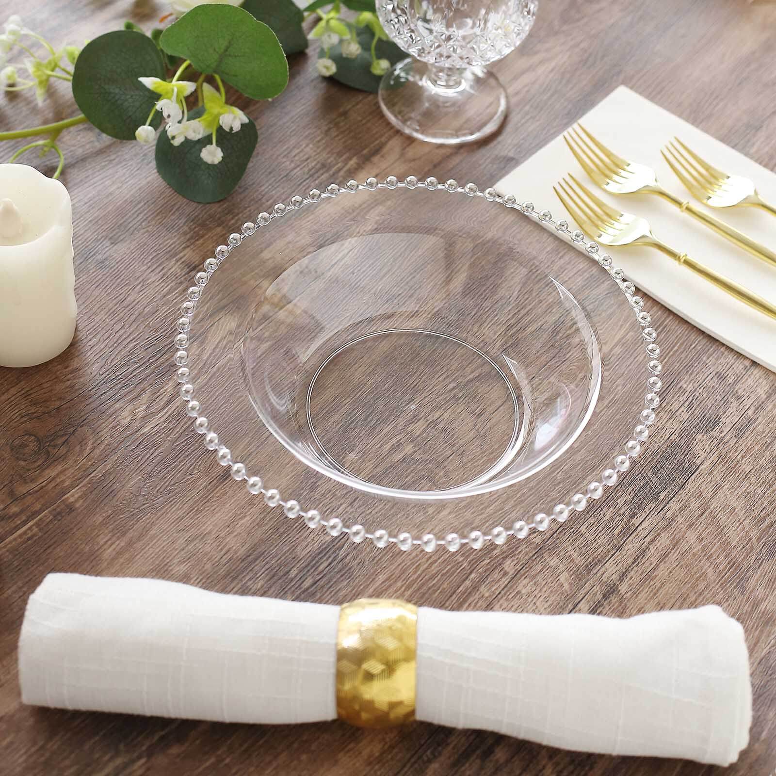 10-Pack Plastic Dessert Salad Bowls Clear Round Design with Silver Beaded Rim - Disposable Soup Bowls 12oz