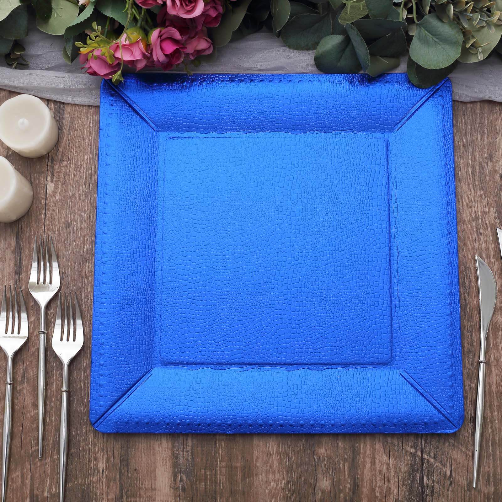 10-Pack Disposable Square Charger Plates in Royal Blue with Leather Like Texture - 1100GSM Durable Paper Chargers 13"