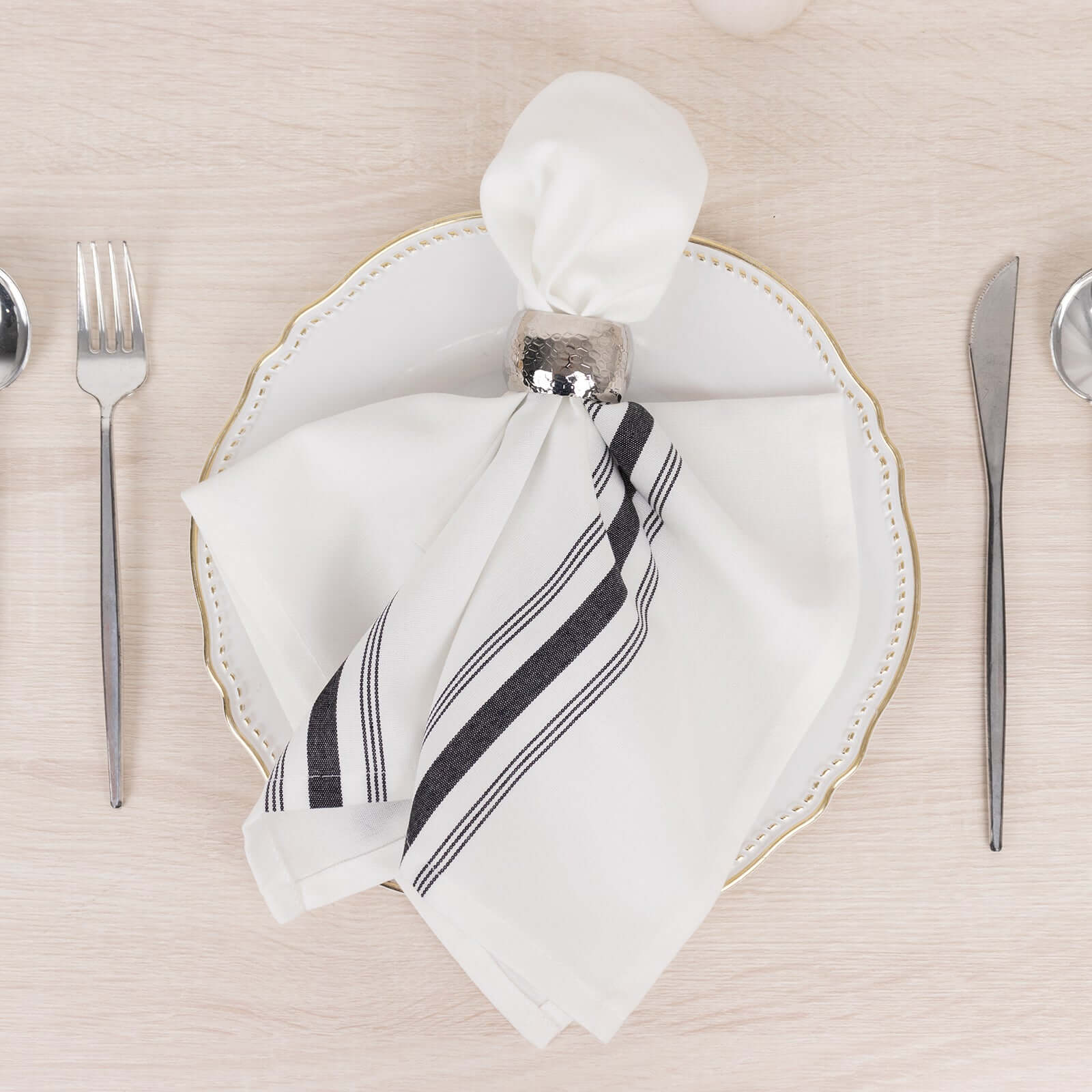 10 Pack Premium Spun Polyester 18"x22" Napkins White/Black Bistro Style - Highly Absorbent Cotton-Like Feel Cloth Napkins for Everyday Dining or Celebrations