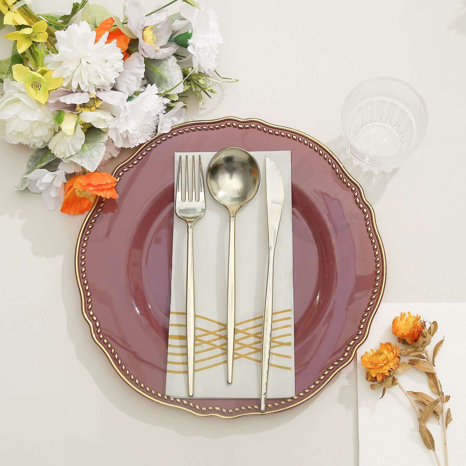 10-Pack Plastic 10" Dinner Plates in Cinnamon Rose with Gold Scalloped Rim - Disposable Large Party Plates