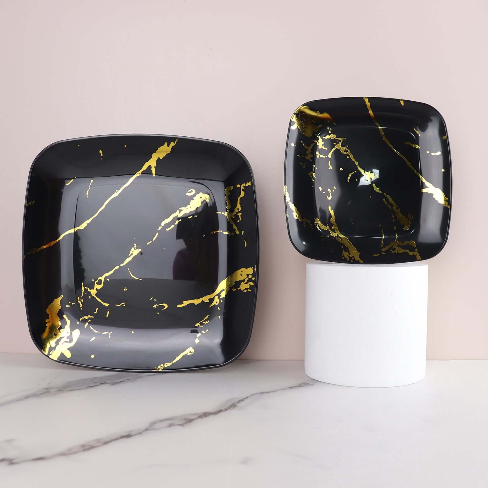 10-Pack Plastic 8" Square Dessert Plates in Black with Gold Marble Design - Disposable Appetizer Salad Party Plates