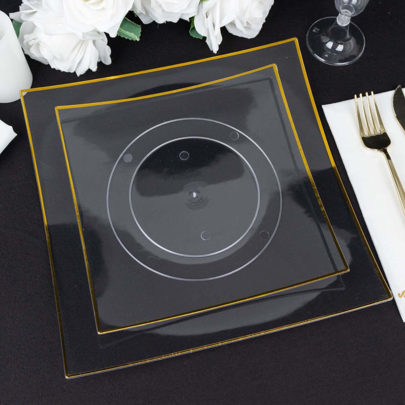 10-Pack Plastic 10" Square Dinner Plates in Clear Concave Style with Gold Rim - Modern Disposable Party Plates