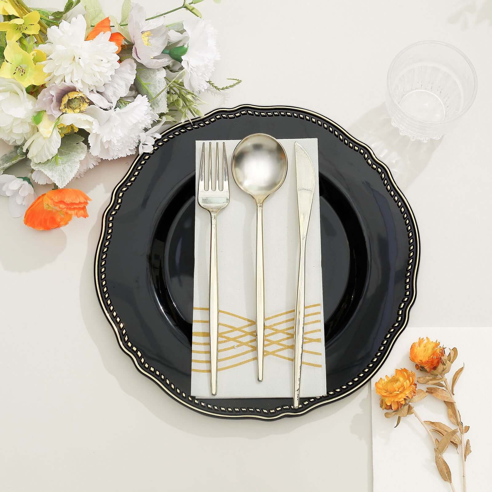 10-Pack Plastic 10" Dinner Plates in Black with Gold Scalloped Rim - Disposable Large Party Plates