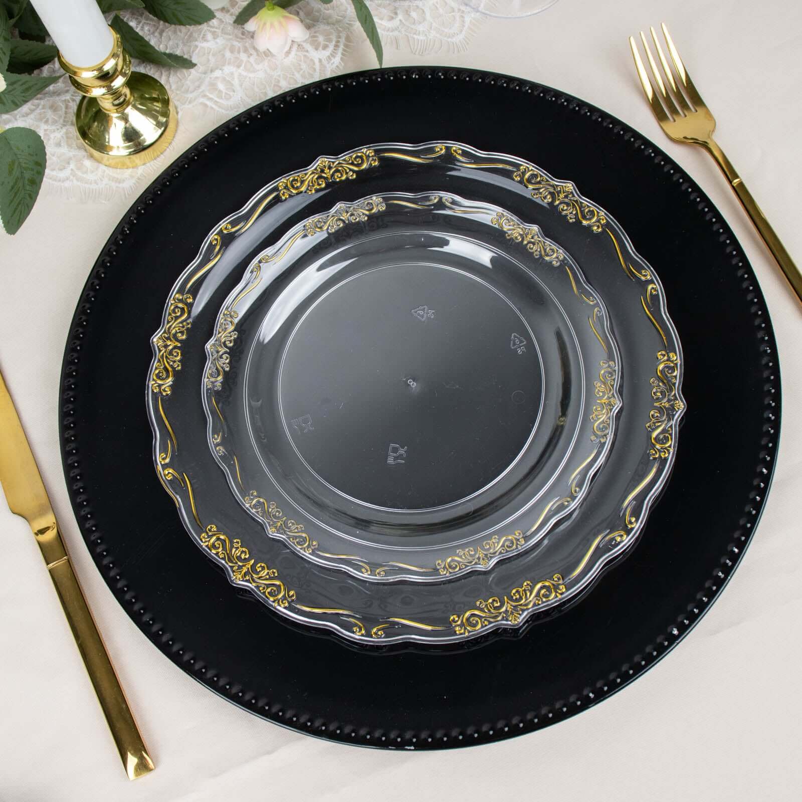 10-Pack Plastic 7" Round Dessert Plates in Clear with Gold Vintage Embossed Rim - Sturdy Disposable Scalloped Edge Salad Plates for Sophisticated Events & Celebrations