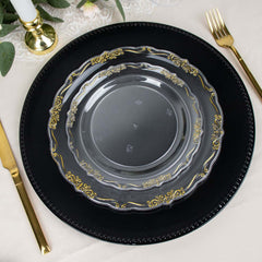 10-Pack Plastic 7" Round Dessert Plates in Clear with Gold Vintage Embossed Rim - Sturdy Disposable Scalloped Edge Salad Plates for Sophisticated Events & Celebrations