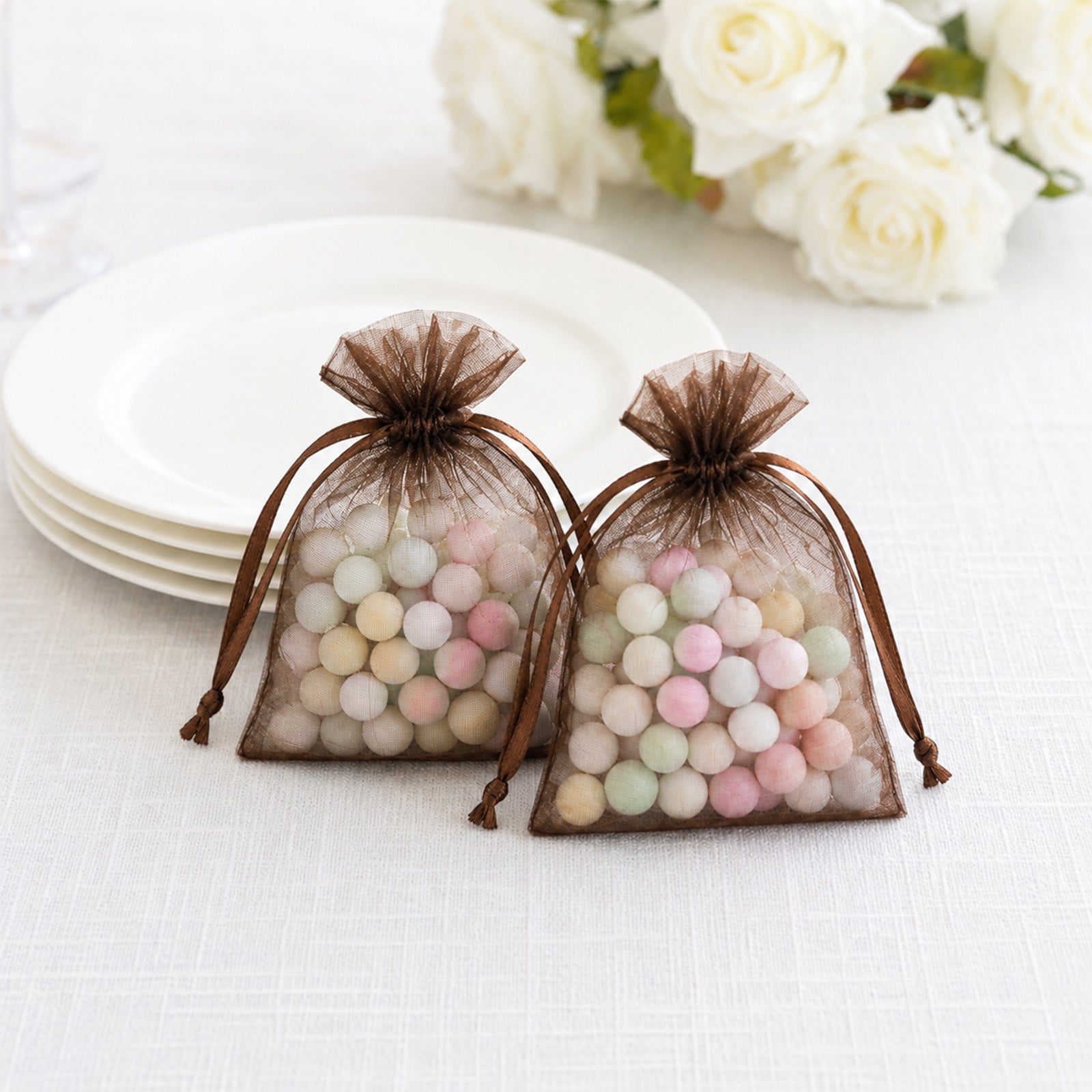 100 Pack Chocolate Organza Drawstring Gift Bags 3" x 4" – Wedding Party Favor Bags