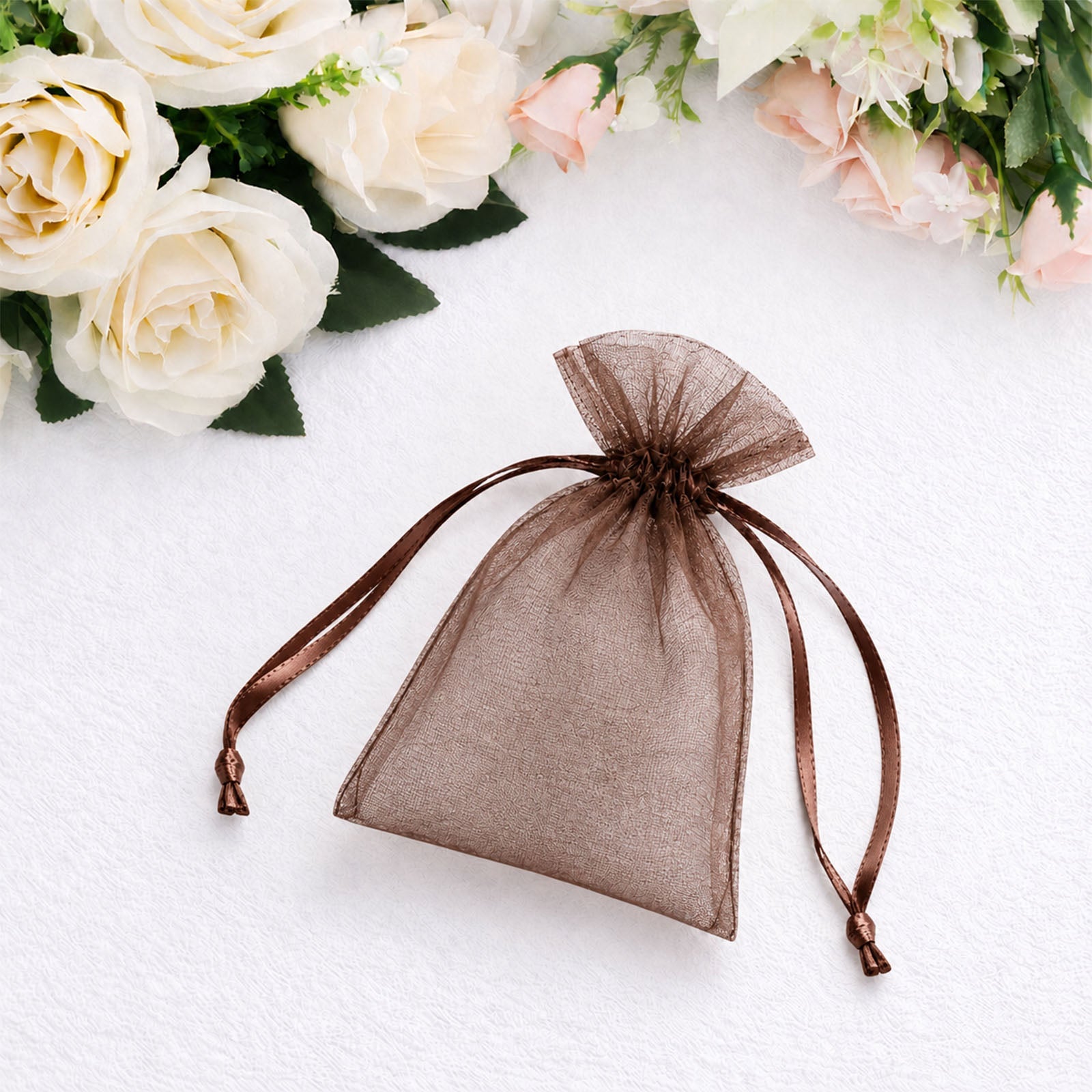 100 Pack Chocolate Organza Drawstring Gift Bags 3" x 4" – Wedding Party Favor Bags