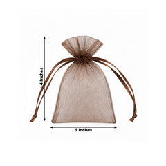 100 Pack Chocolate Organza Drawstring Gift Bags 3" x 4" – Wedding Party Favor Bags