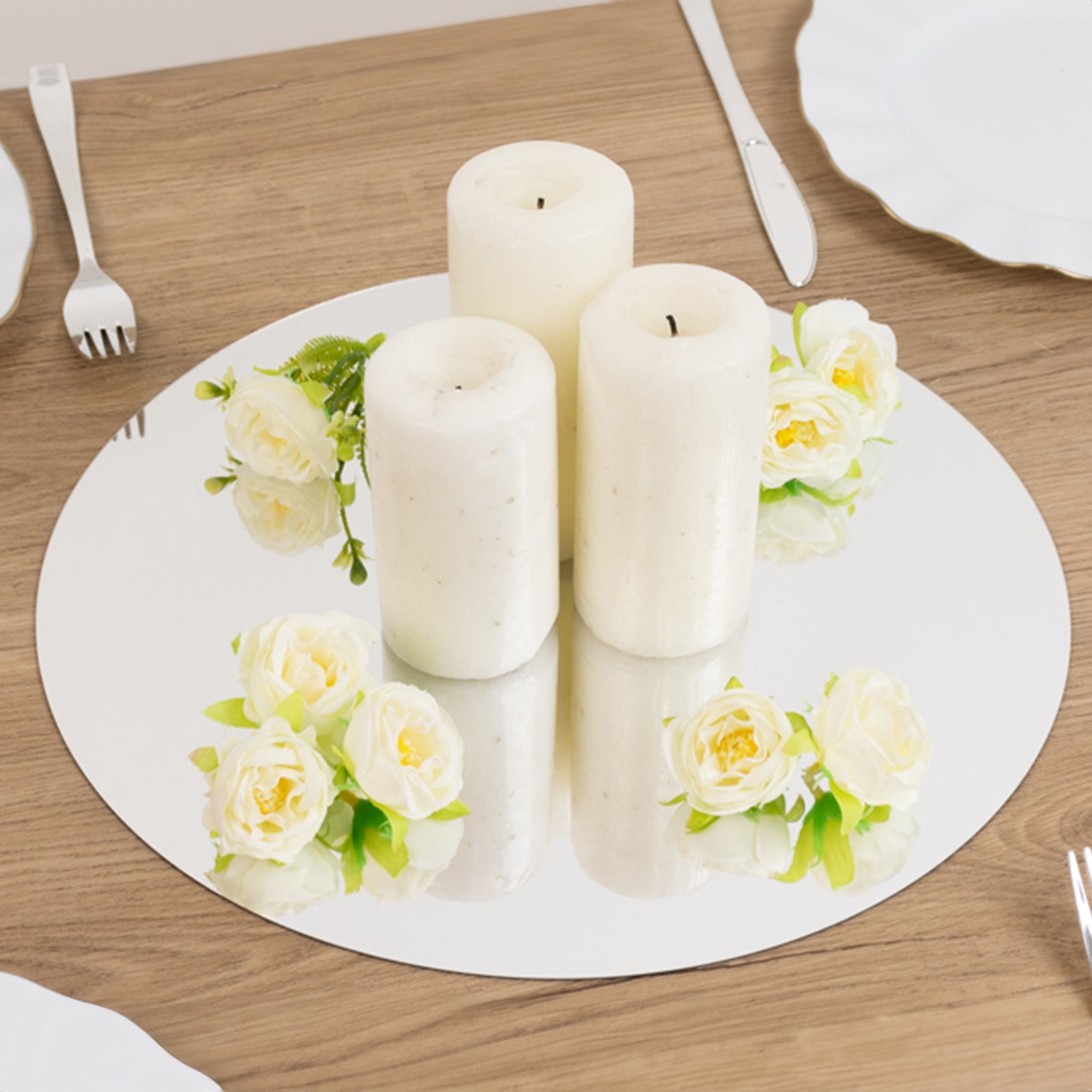 10-Pack Candle Plate Circle Acrylic Mirror Tray Silver Round - Event Centerpiece Decor 14"