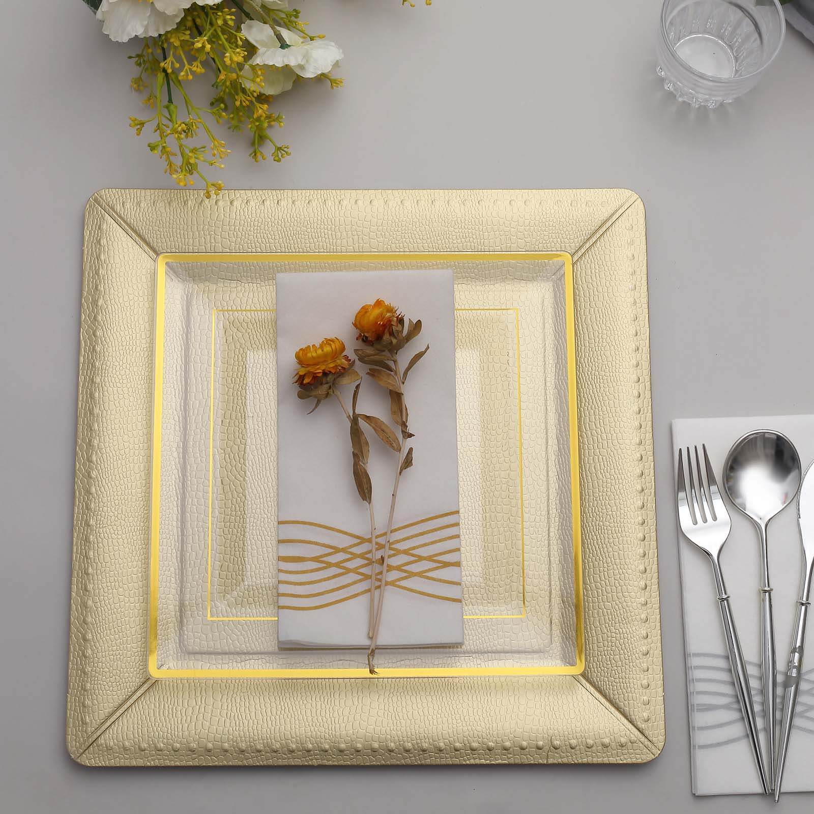 10-Pack Disposable Square Charger Plates in Champagne with Leather Like Texture - 1100GSM Durable Paper Chargers 13"