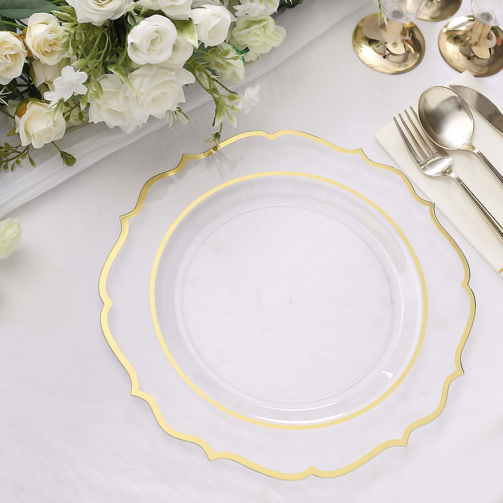 10-Pack Plastic 10" Round Dinner Plates in Clear with Gold Scalloped Rim - Disposable Party Plates
