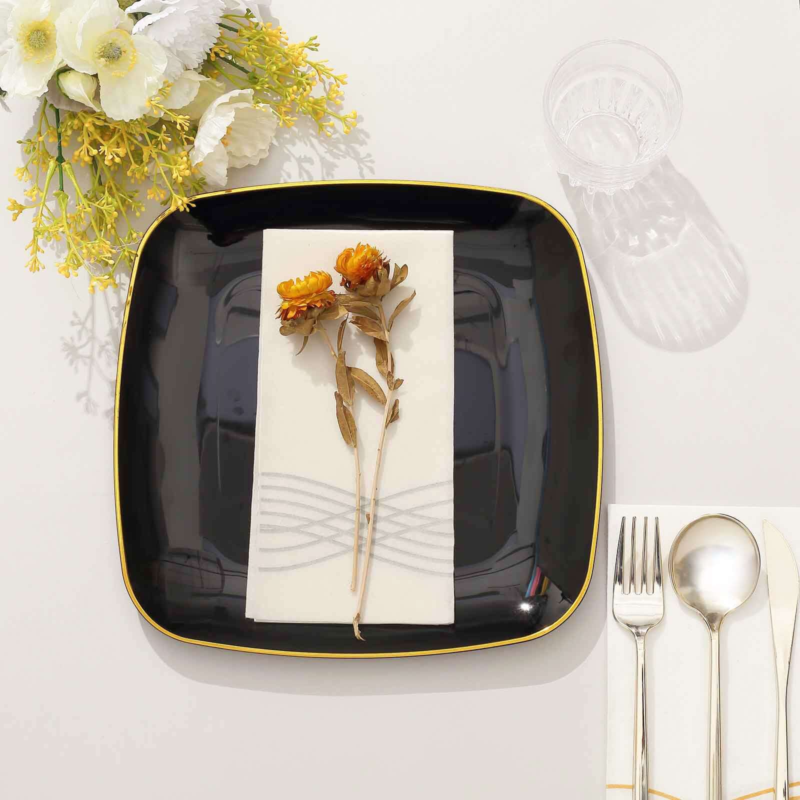 10-Pack Plastic 10" Square Dinner Plates in Black with Gold Rim - Classy Disposable Lunch Party Plates