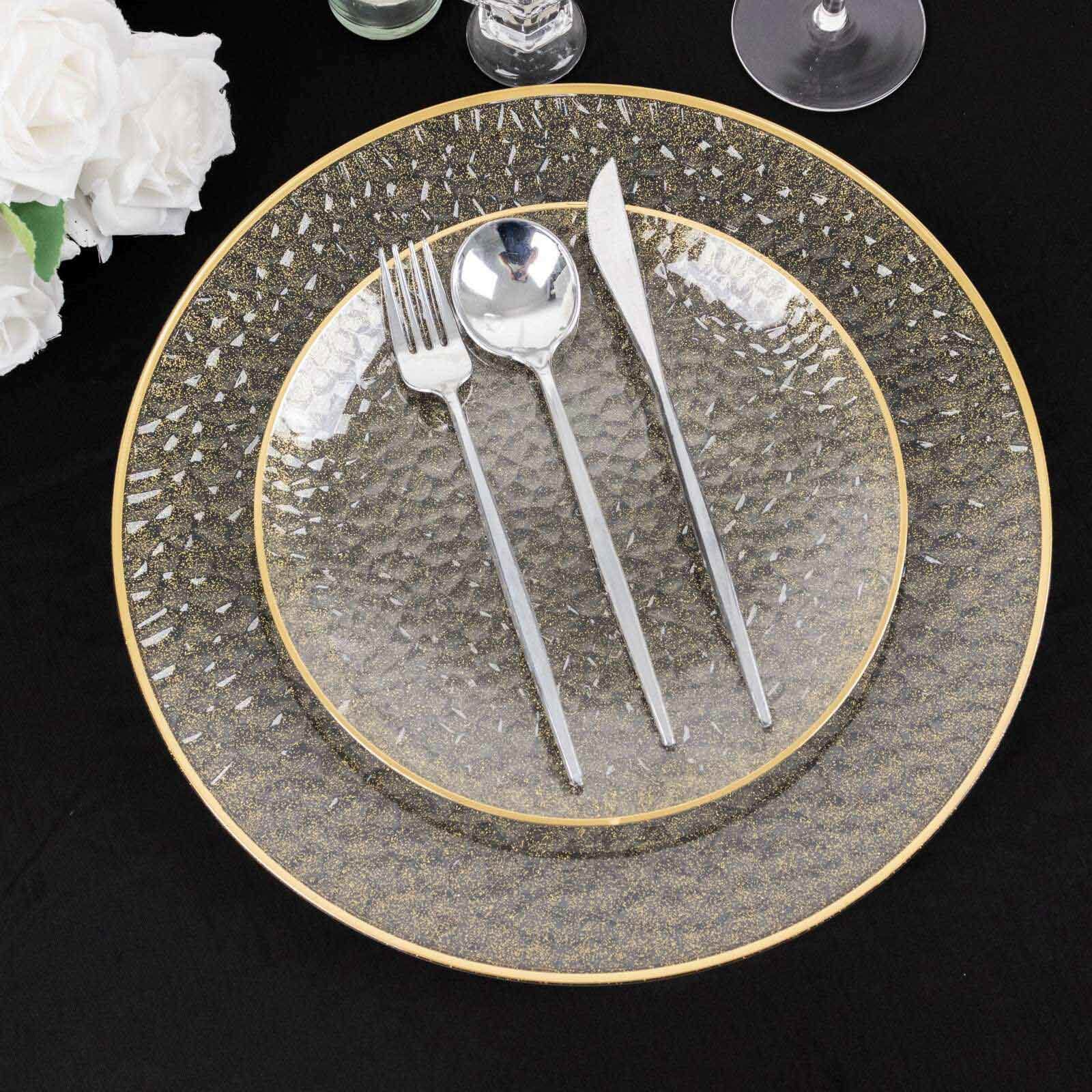 10-Pack Plastic 7" Round Dessert Appetizer Plates in Clear Gold Glittered Hammered Design with Gold Rim - Modern Disposable Salad Plates for Events & Banquets