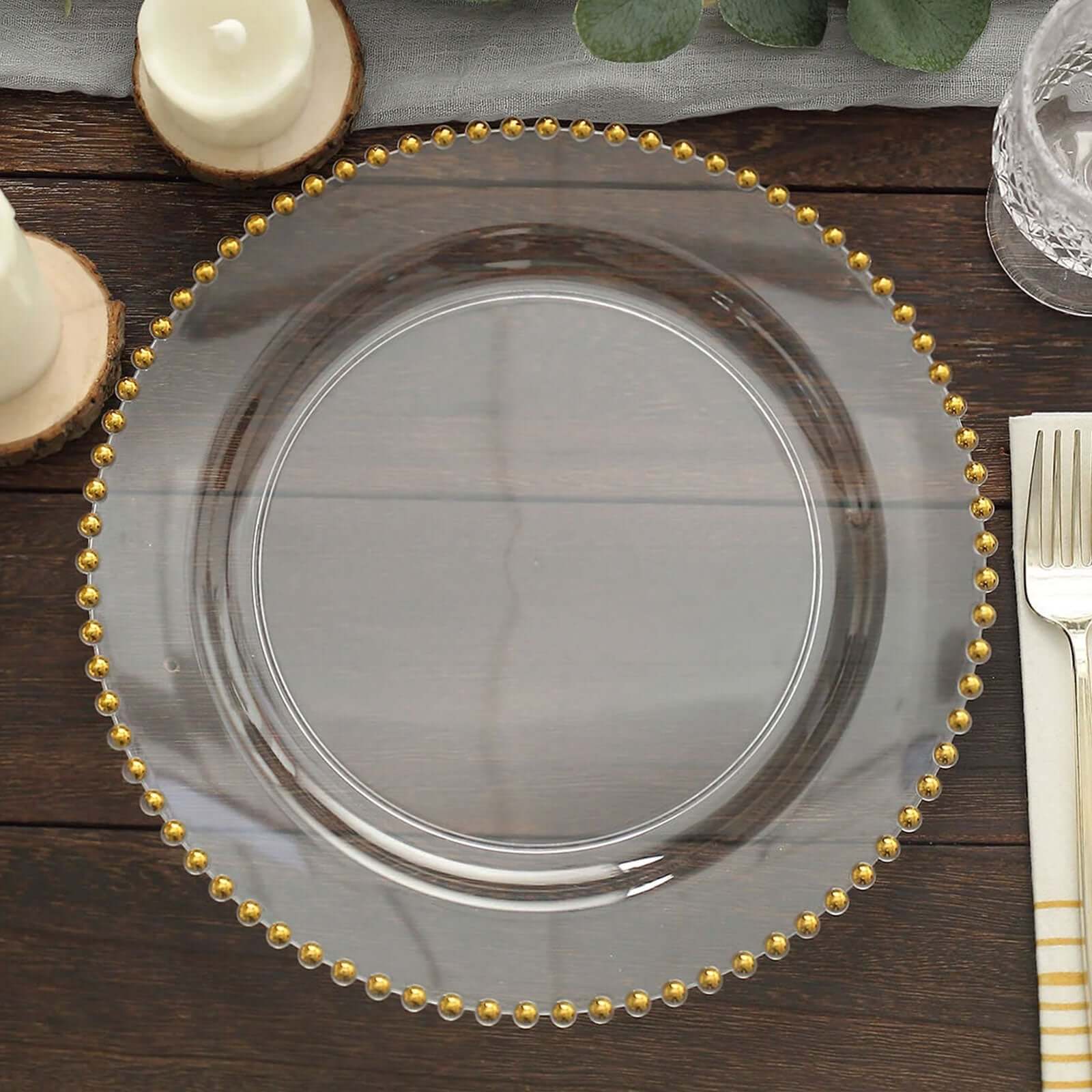 10-Pack Plastic 10" Round Dinner Plates in Clear with Beaded Rim - Disposable Party Plates for Banquets & Festive Occasions