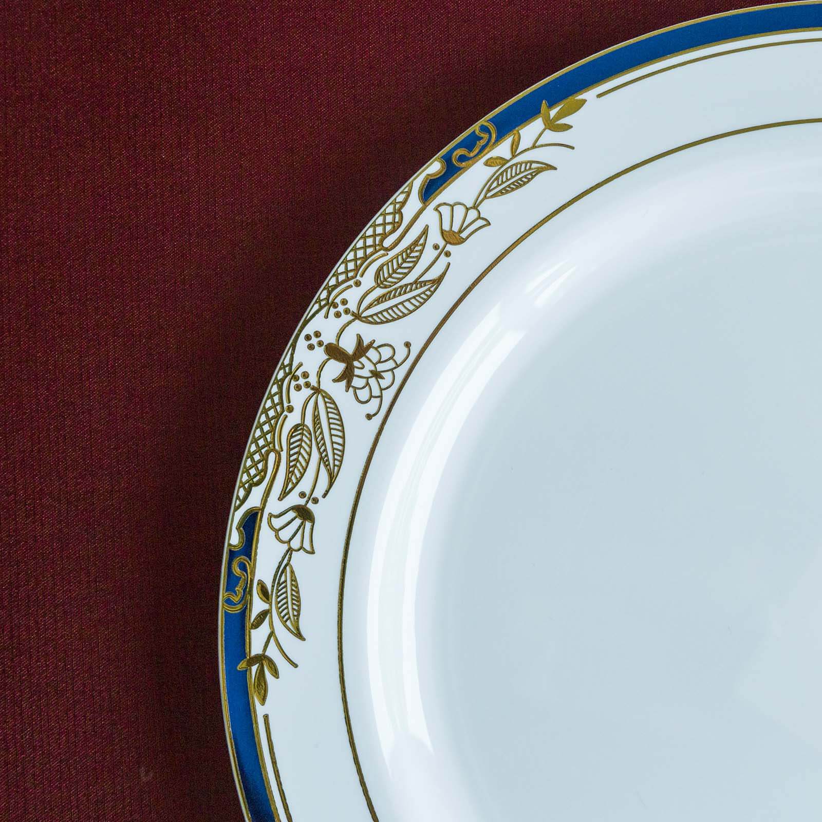 10-Pack Plastic 10" Round Dinner Plates in White with Royal Blue Rim - Stylish Gold Vine Design Disposable Party Plates for Special Occasions & Celebrations