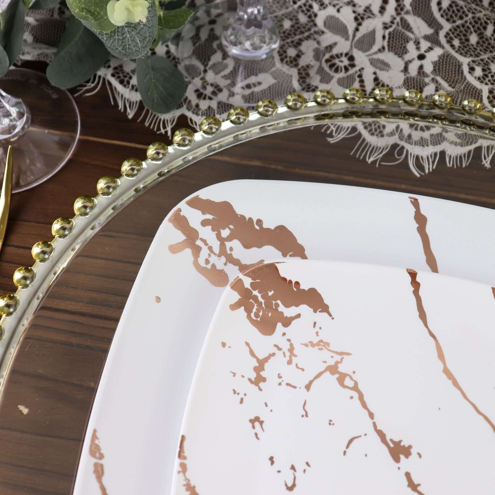 10-Pack Plastic 8" Square Dessert Plates in White with Rose Gold Marble Design - Disposable Appetizer Salad Party Plates