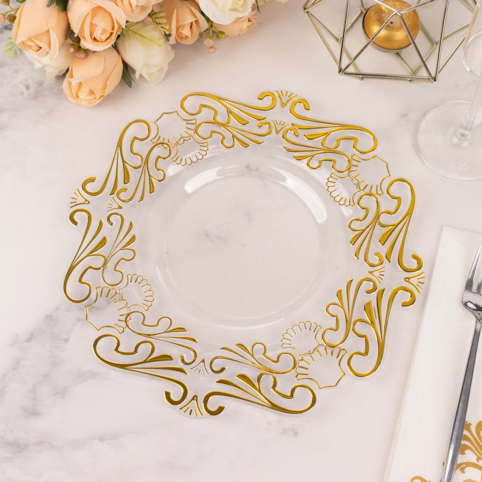 10-Pack Plastic 8" Round Dessert Plates in Clear with Gold Vintage Baroque Scalloped Rim - European Style Disposable Salad Appetizer Plates