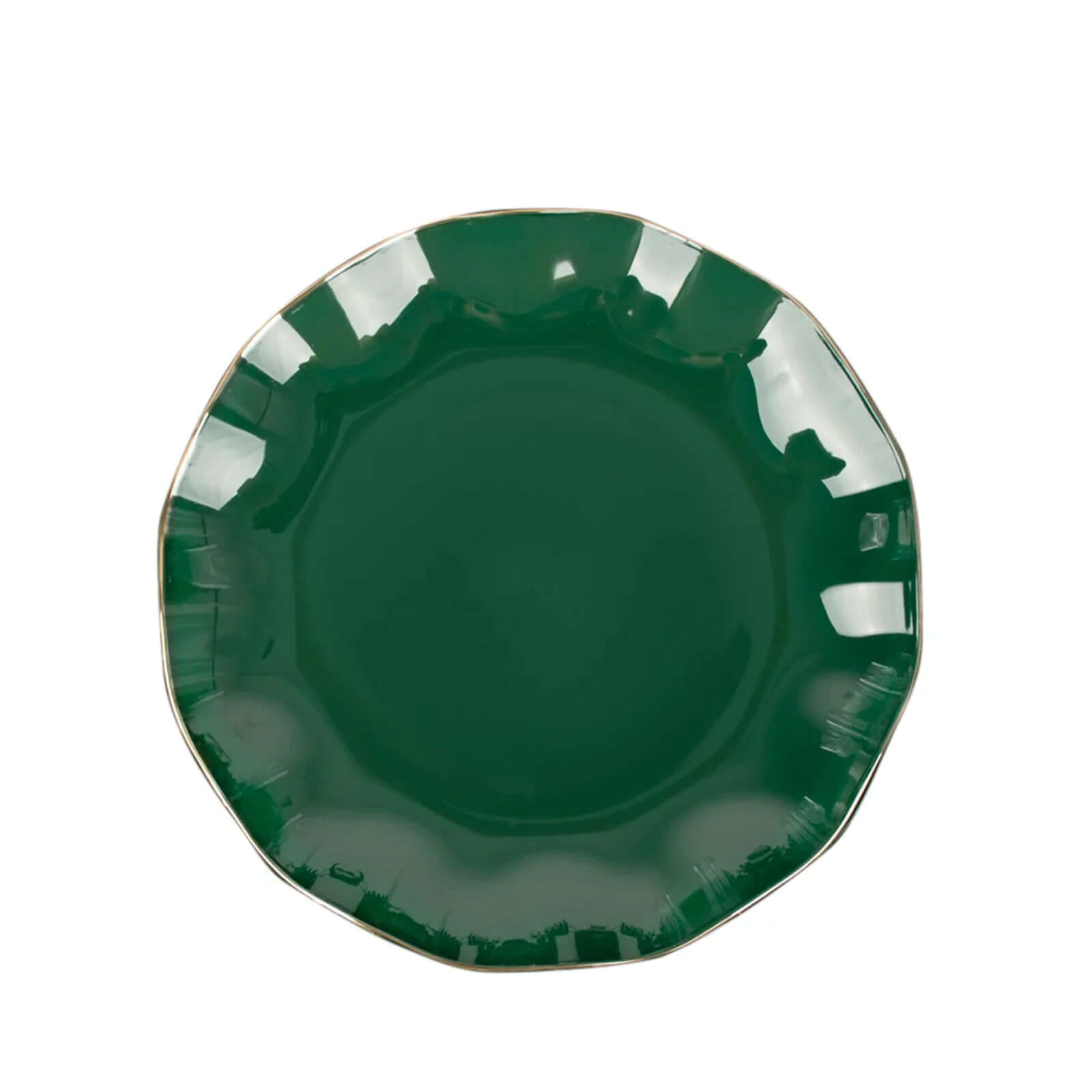 10-Pack Plastic Round 6" Dessert Plates in Hunter Emerald Green Ruffled Rim with Gold Edging - Sturdy Disposable Salad Appetizer Dinnerware