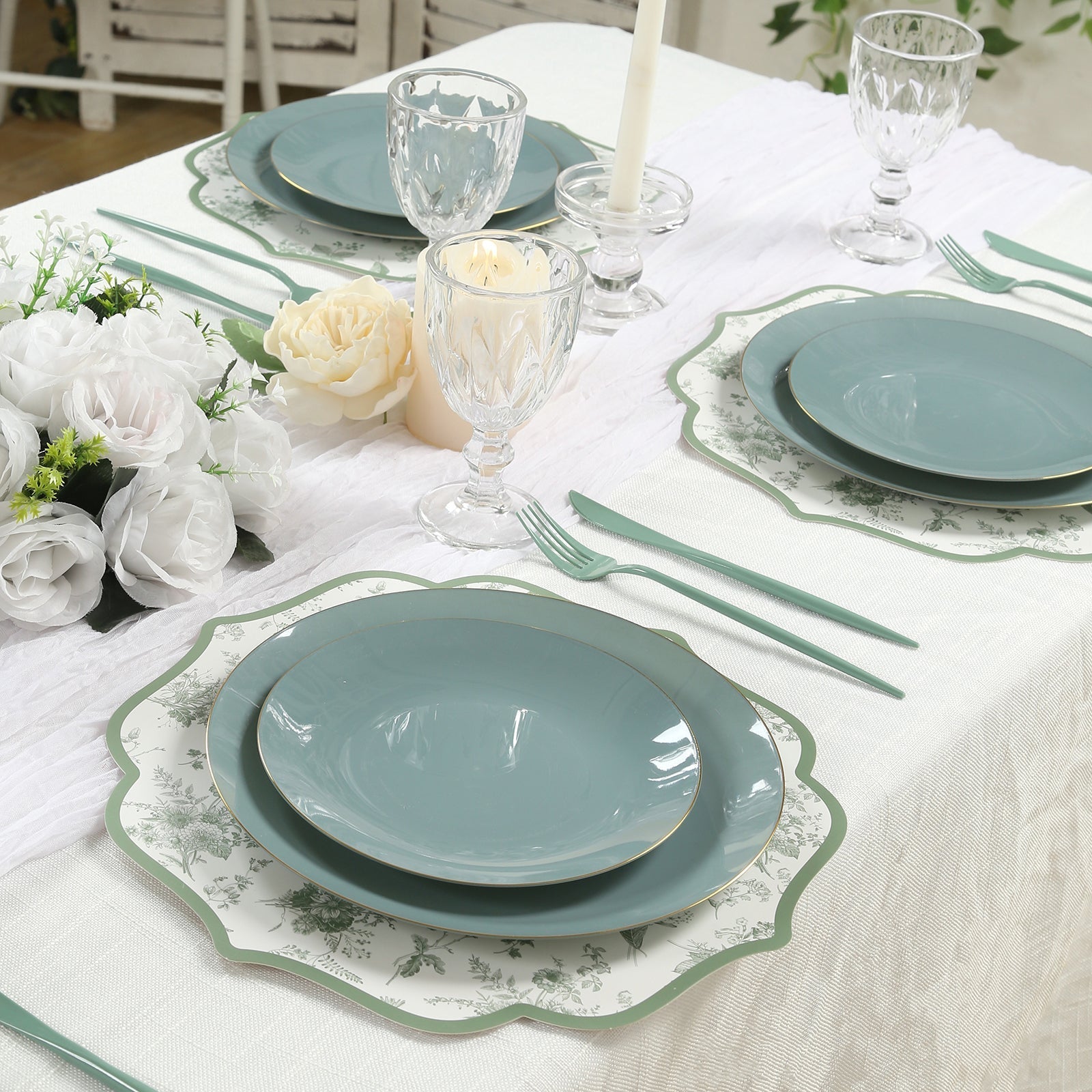 10 Pack Disposable Charger Plates White with Sage Green French Toile Pattern, 13" Cardboard Paper Placemats with Scalloped Rim