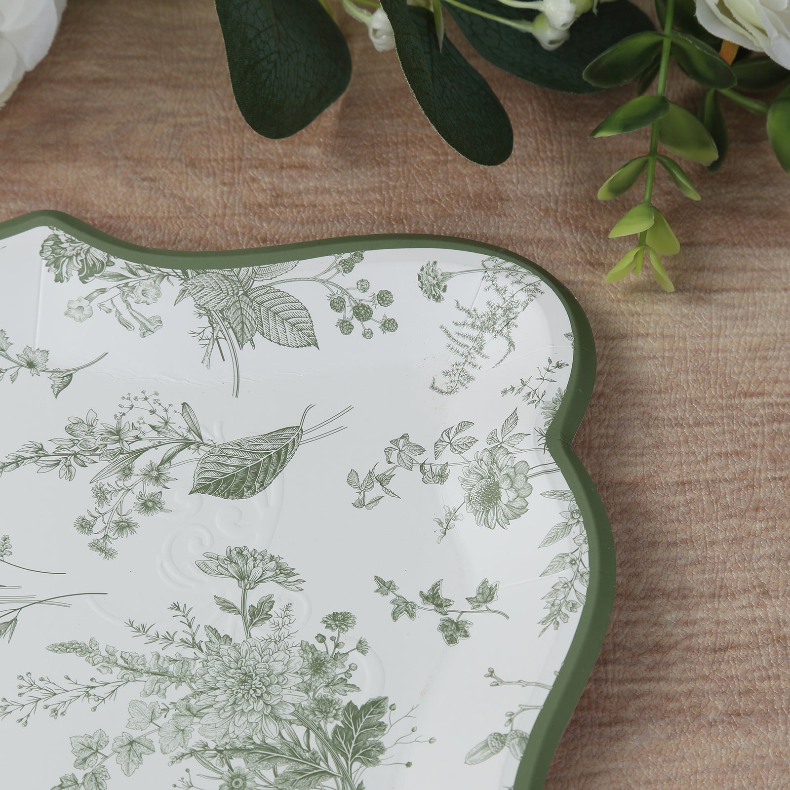 10-Pack Paper 14"x10" Rectangle Serving Trays White/Sage Green with French Toile Pattern for Weddings & Parties