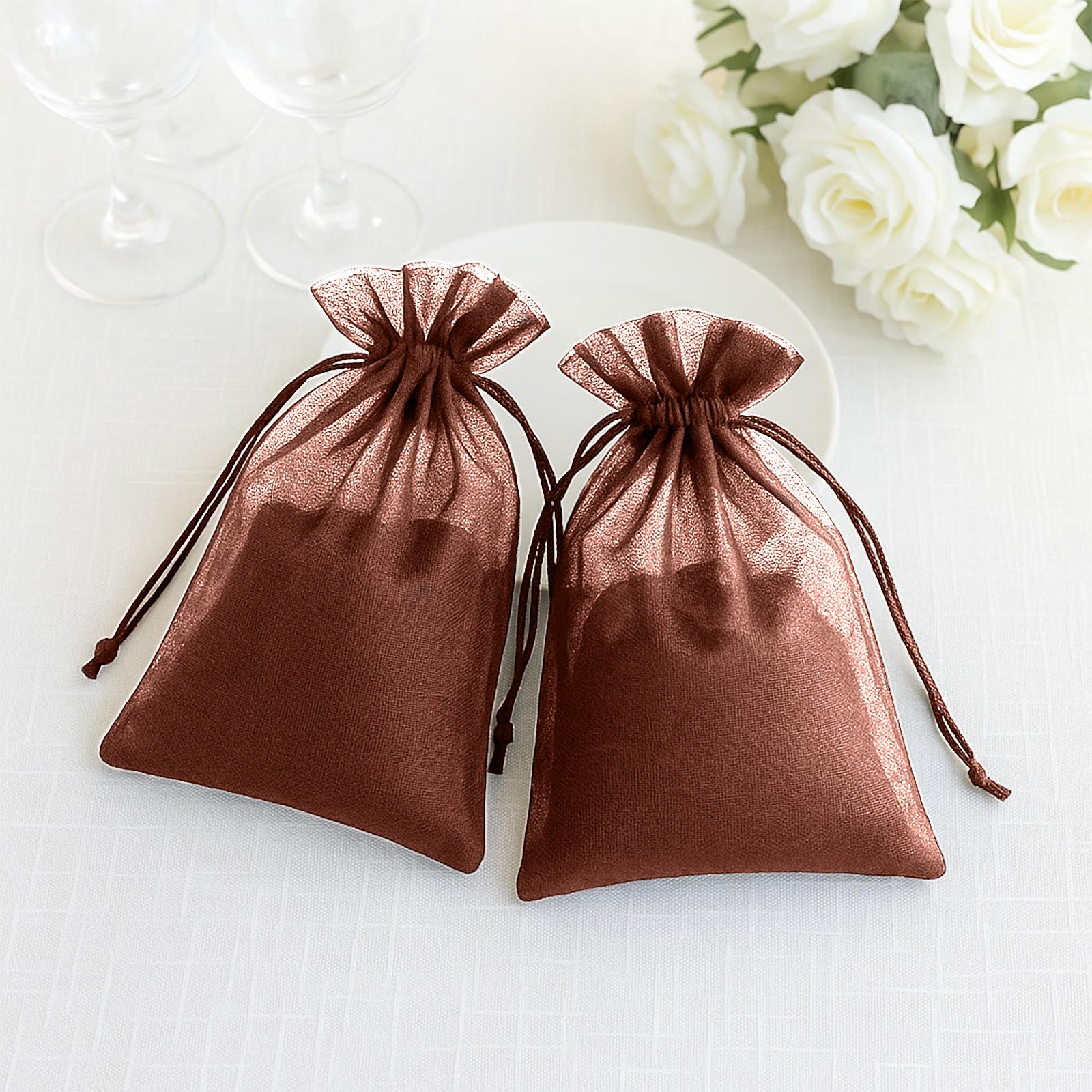 100 Pack Chocolate Organza Gift Bags with Drawstring, 6" x 9" – Wedding Party Favor Bags
