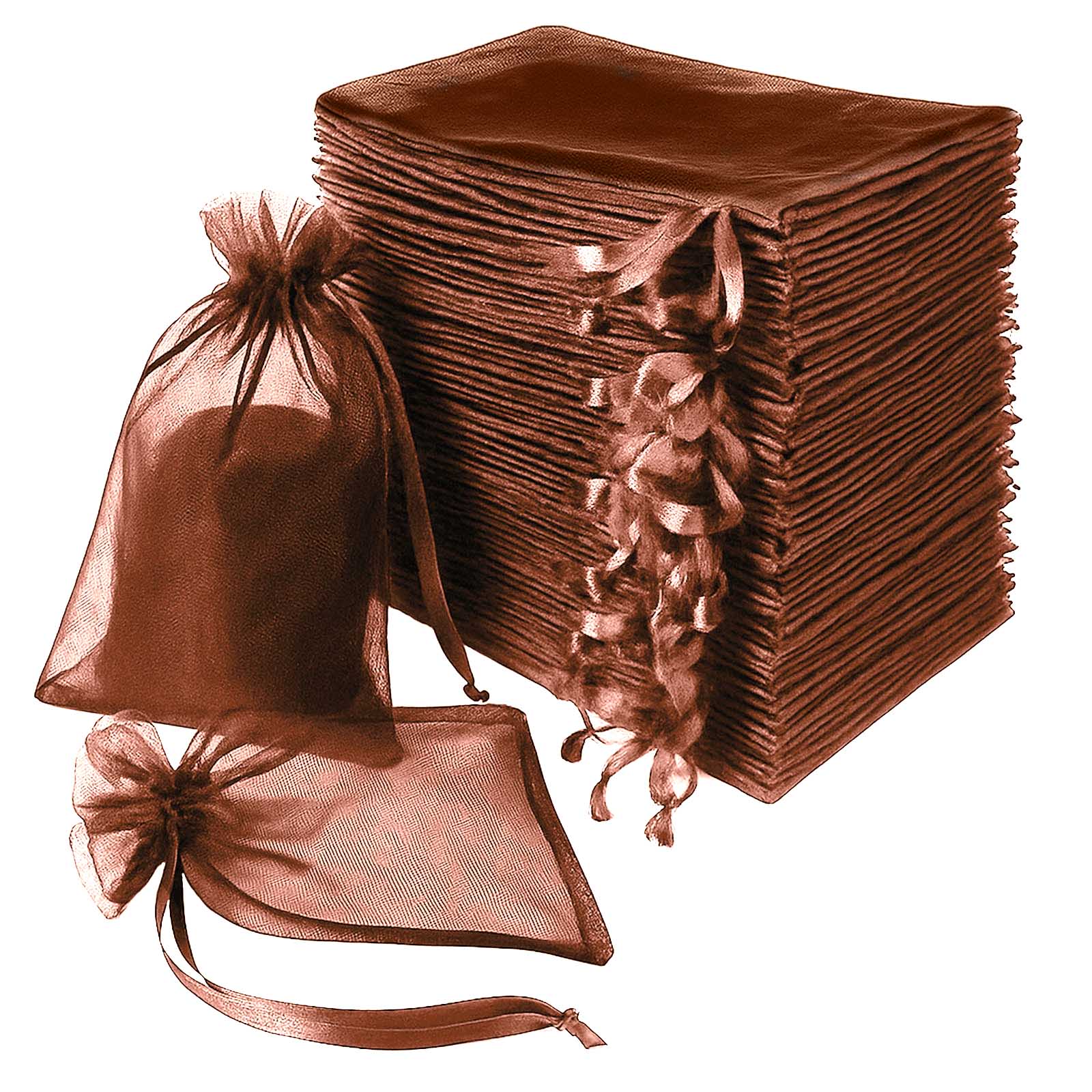 100 Pack Chocolate Organza Gift Bags with Drawstring, 6" x 9" – Wedding Party Favor Bags