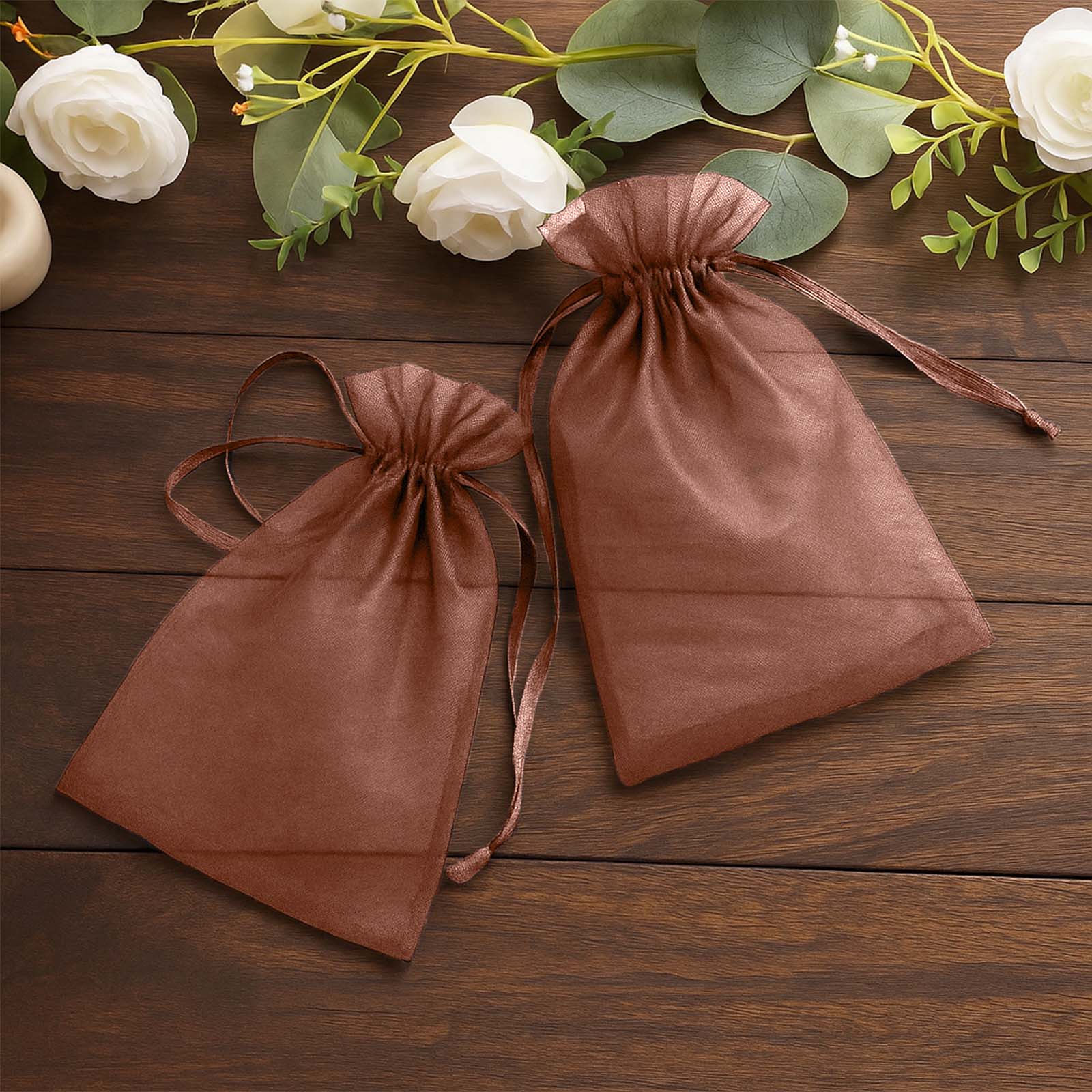 100 Pack Chocolate Organza Gift Bags with Drawstring, 6" x 9" – Wedding Party Favor Bags