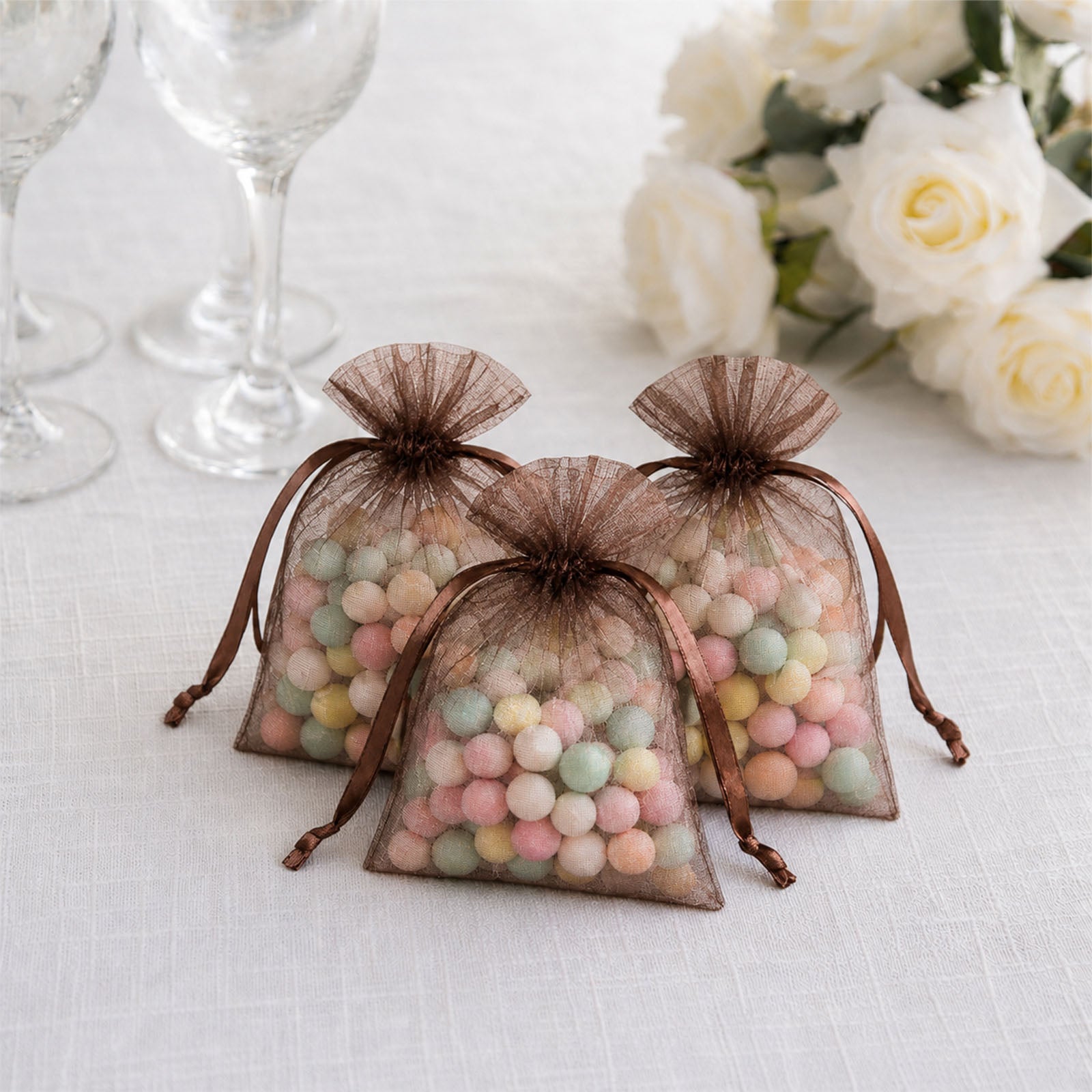 100 Pack Chocolate Organza Drawstring Gift Bags 3" x 4" – Wedding Party Favor Bags