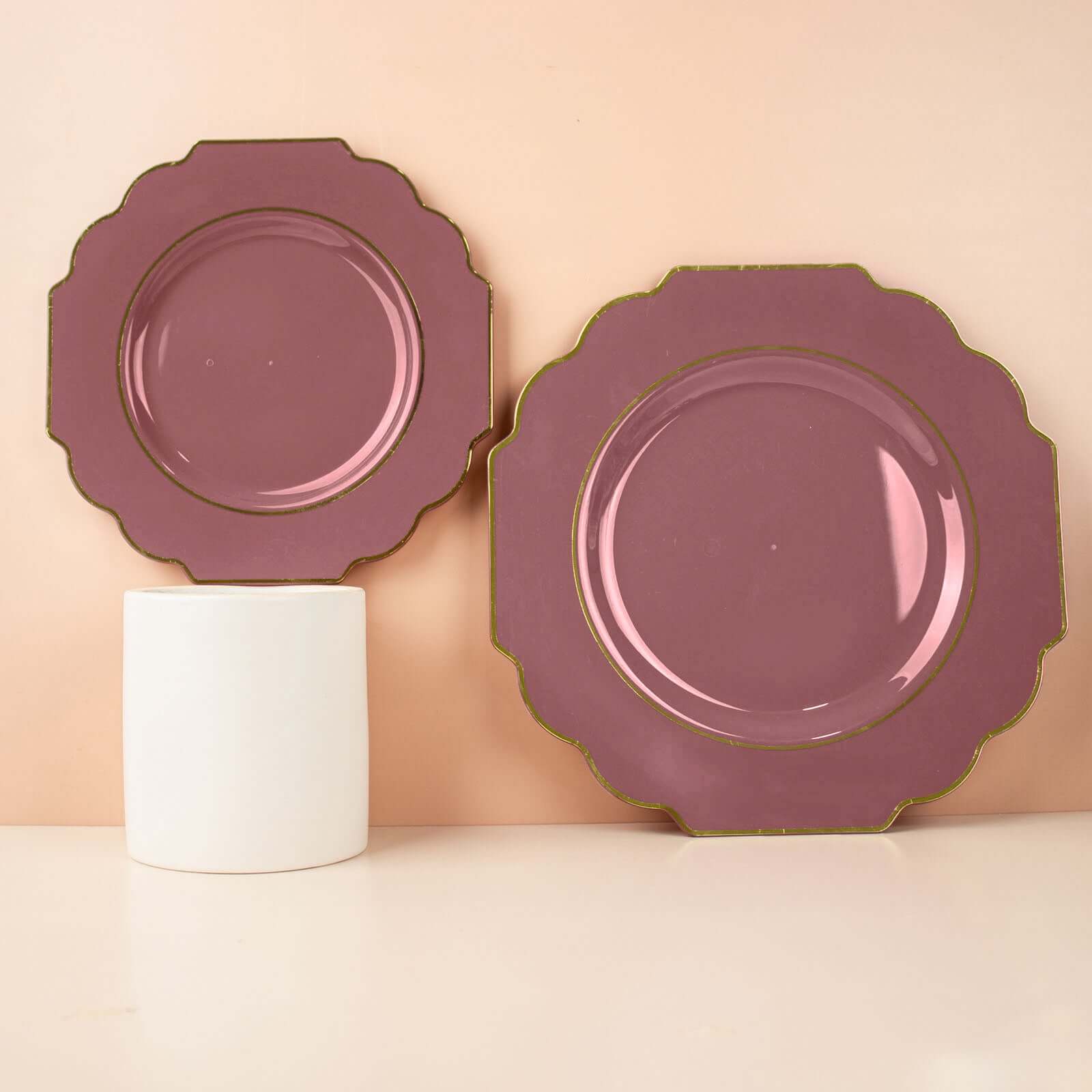 10-Pack Plastic Dinner Plates in Cinnamon Rose Baroque Design with Scalloped Gold Rim - Heavy Duty Disposable Party Plates 11"