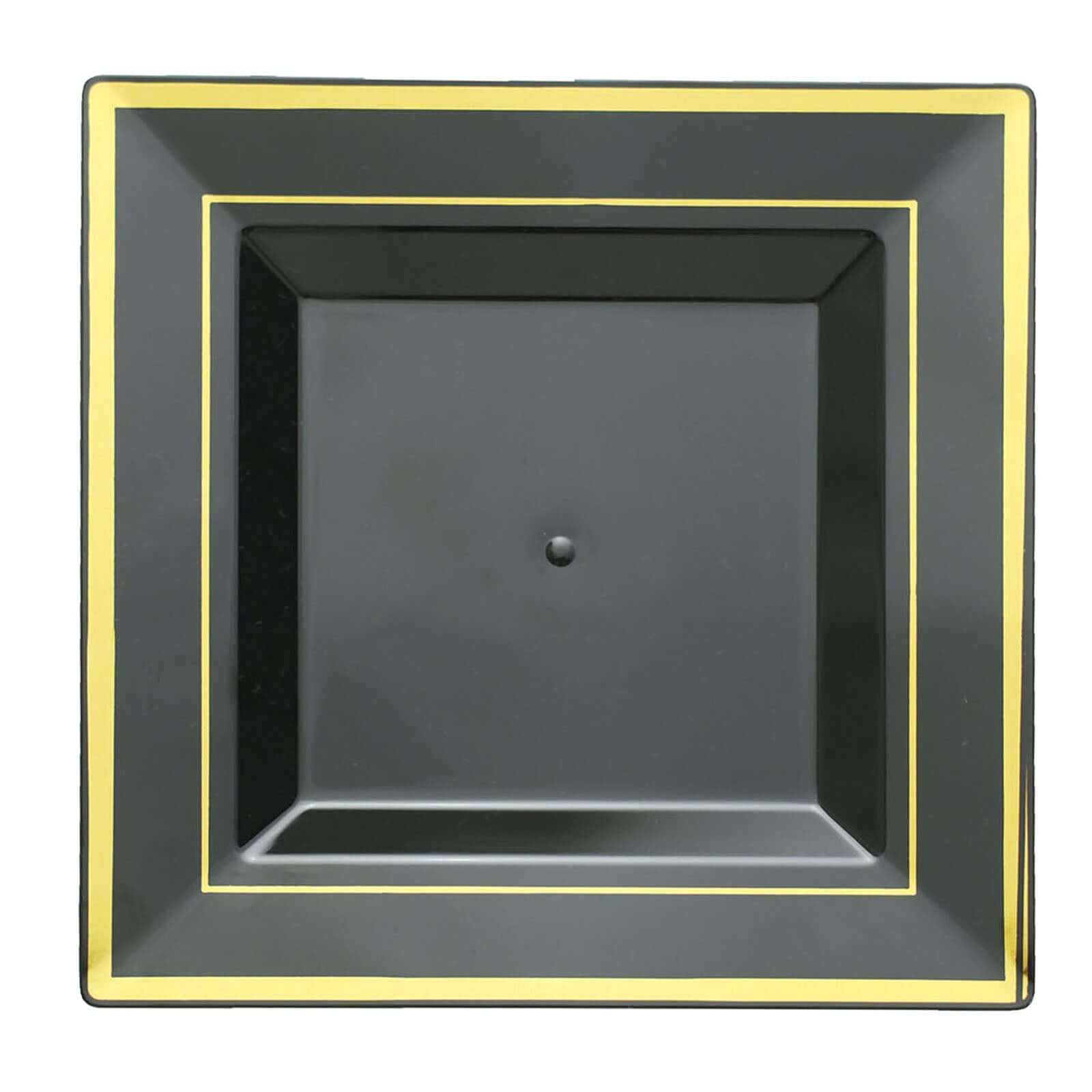 10-Pack Plastic Salad Dessert Plates Black Square with Gold Trim - Durable Disposable Appetizer Plates 7"