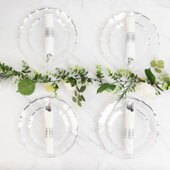 10-Pack Plastic 7" Round Dessert Appetizer Plates in Pearl White Sunflower with Silver Scalloped Rim - Disposable Salad Plates for Classy Events & Banquets