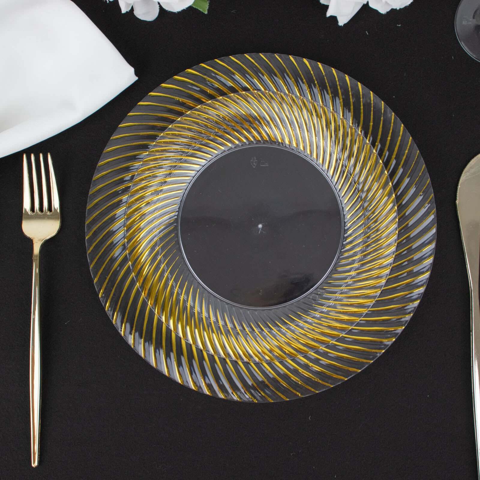10-Pack Plastic 7" Round Dessert Plates in Clear with Gold Swirl Rim