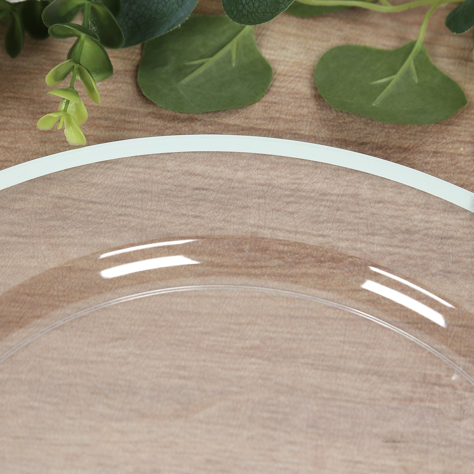 10-Pack Economy Plastic Round Charger Plates 12" in Clear with Wide Silver Rim, Decorative Dinner Party Serving Plates