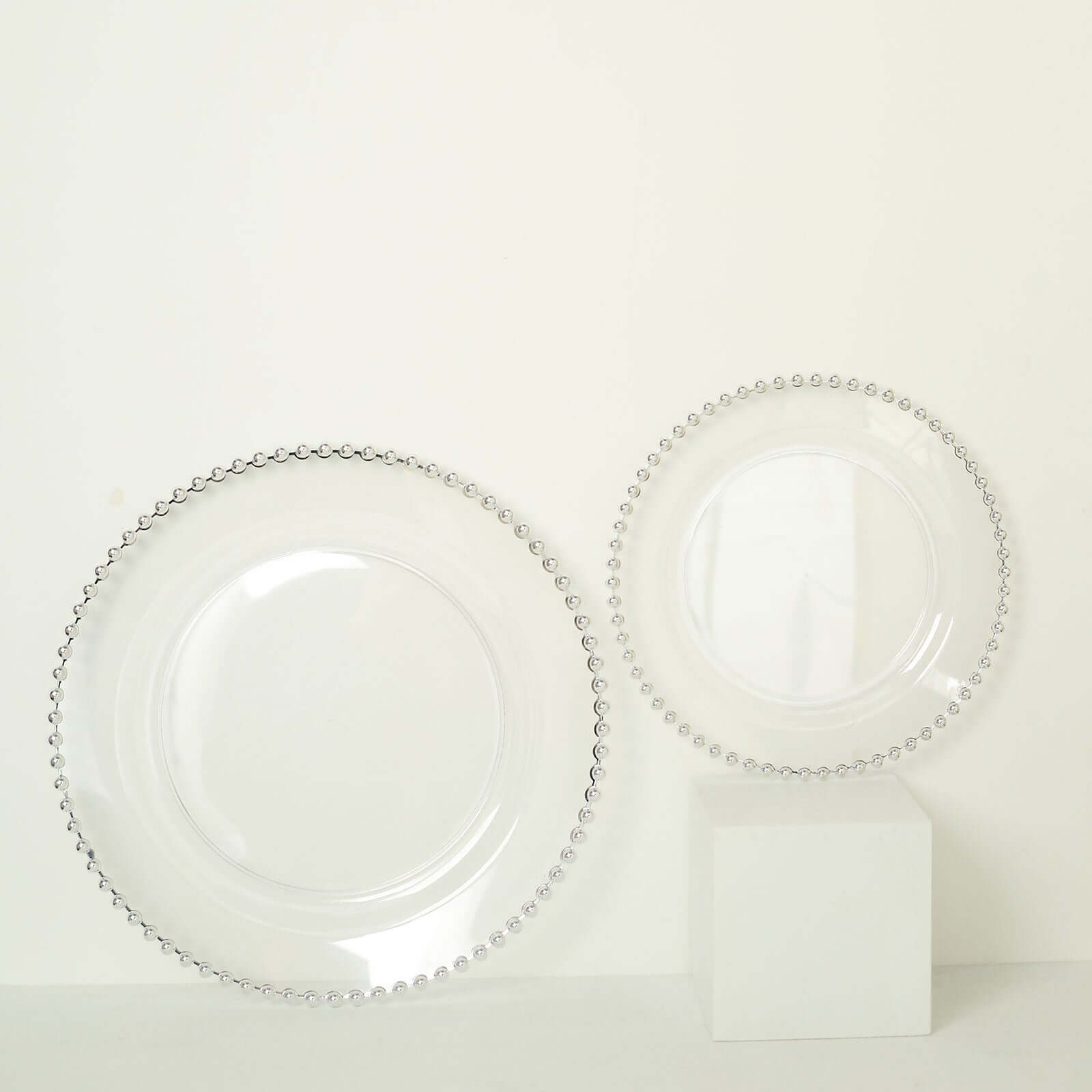 10-Pack Clear Plastic Dessert Plates – 8" Round with Silver Beaded Rim, Disposable for Parties & Events