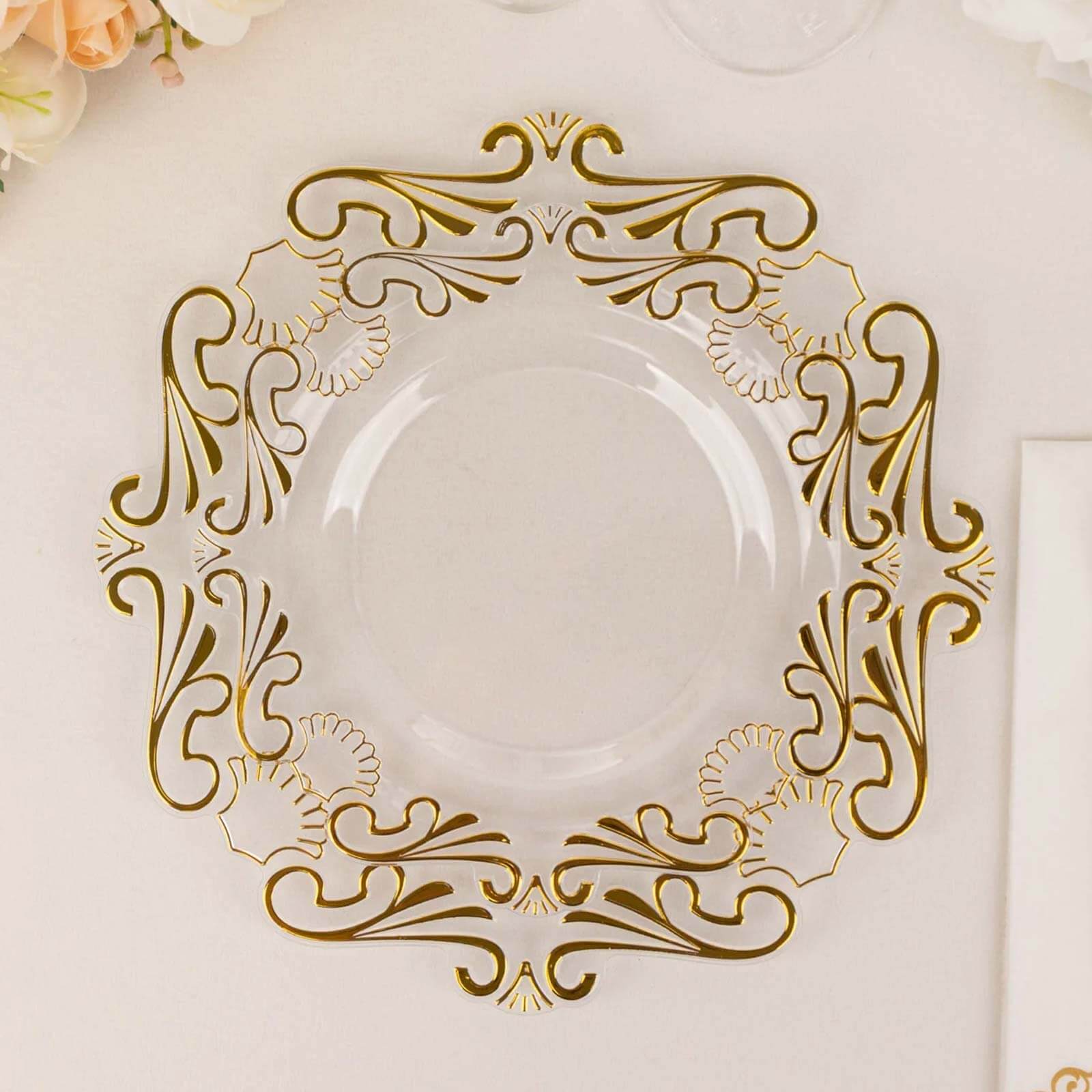 10-Pack Plastic 8" Round Dessert Plates in Clear with Gold Vintage Baroque Scalloped Rim - European Style Disposable Salad Appetizer Plates