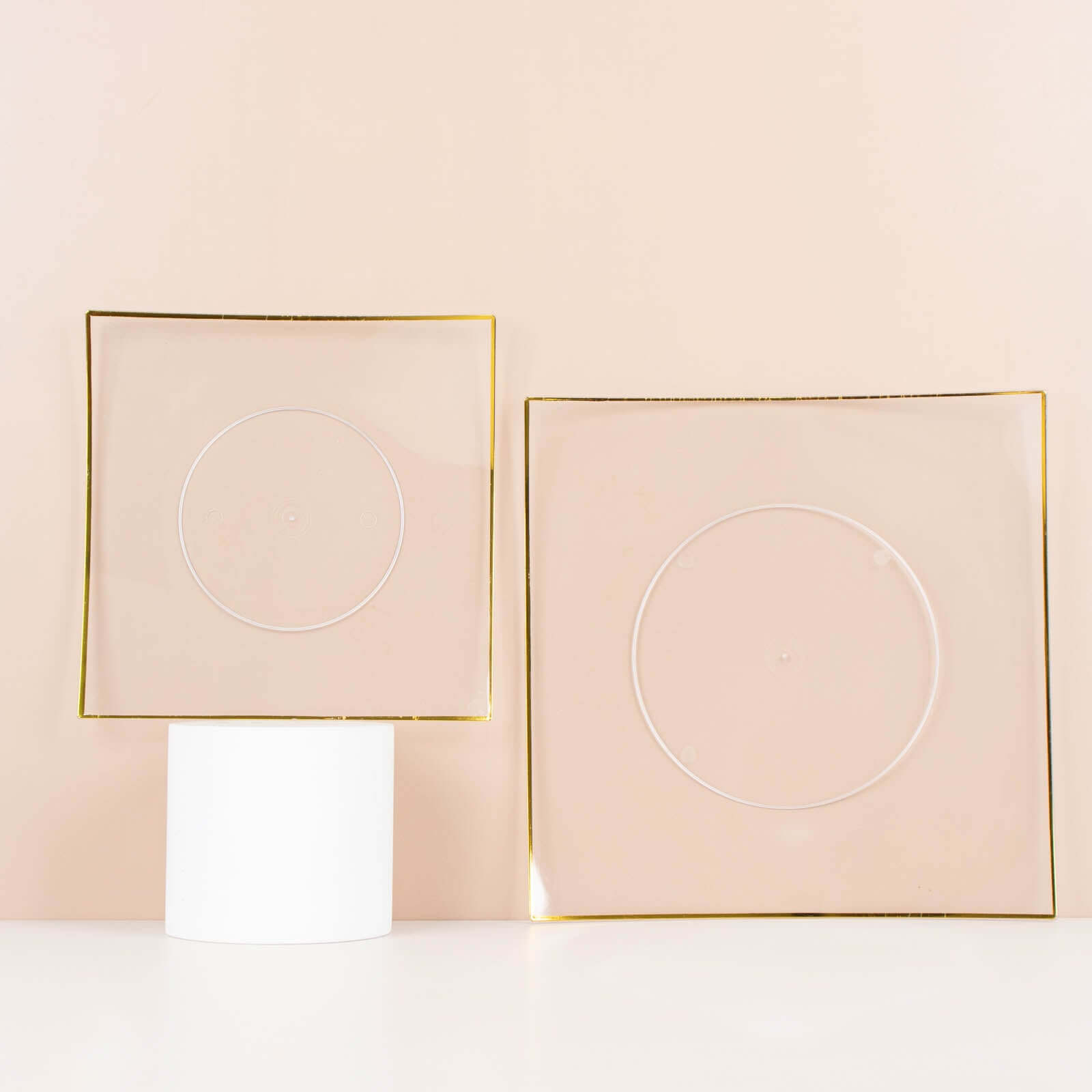 10-Pack Plastic 8" Square Dessert Plates in Clear Concave Style with Gold Rim - Modern Disposable Salad Appetizer Party Plates