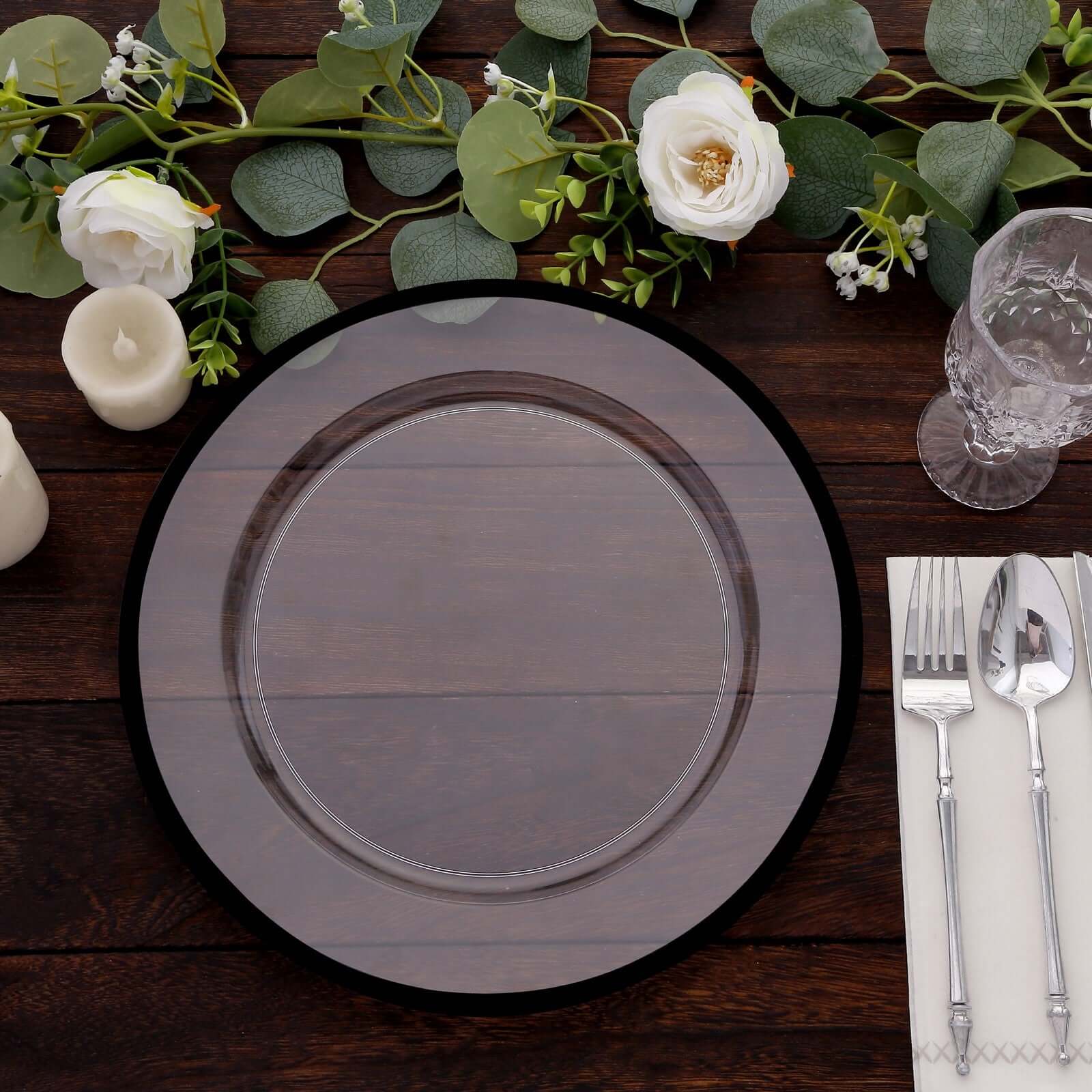 10-Pack Economy Plastic Round Charger Plates 12" in Clear with Wide Black Rim, Decorative Dinner Party Serving Plates