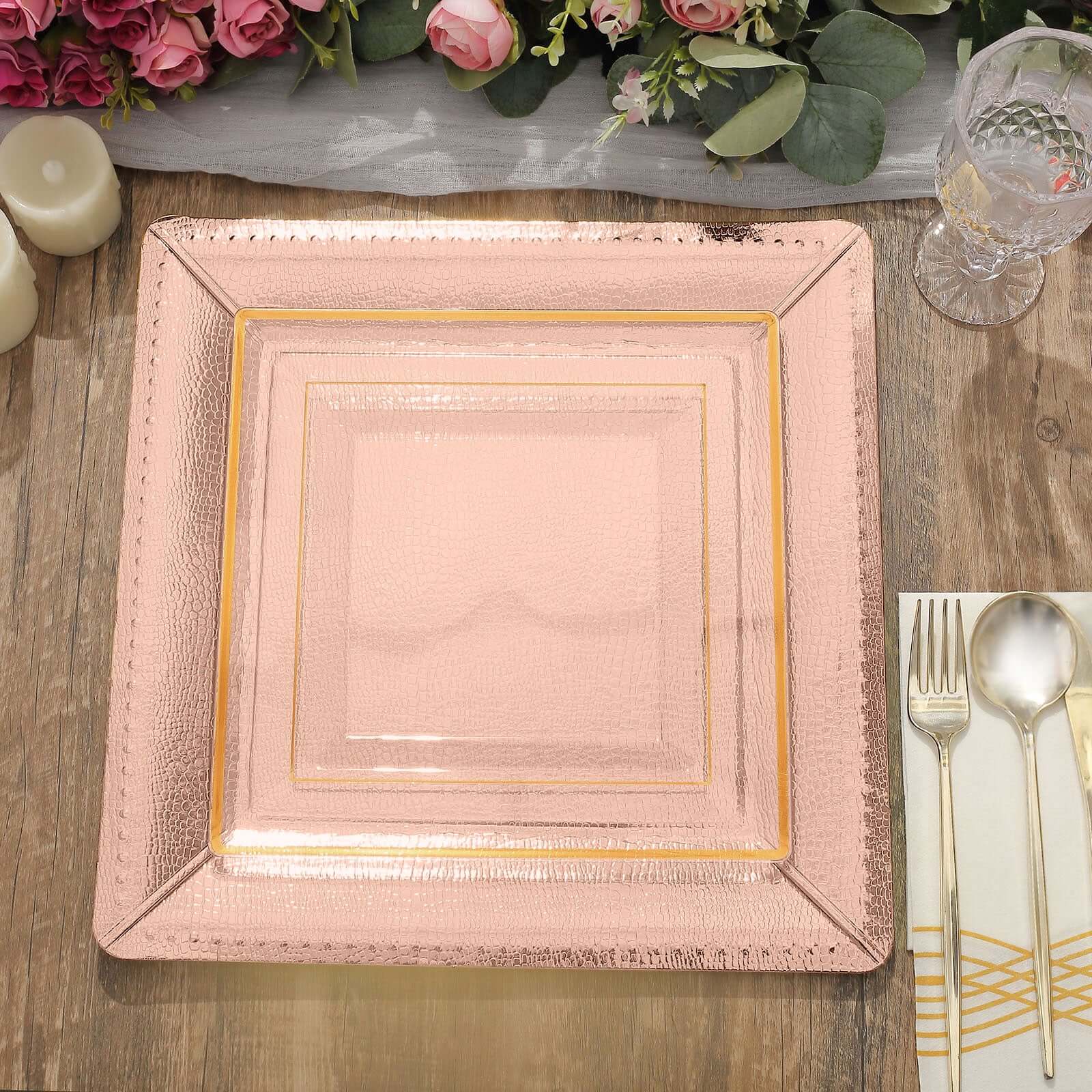 10-Pack Disposable Square Charger Plates in Rose Gold with Leather Like Texture - 1100GSM Durable Paper Chargers for Sophisticated Events 13"