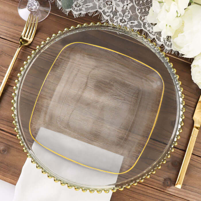 10-Pack Plastic 10" Square Dinner Plates in Clear with Gold Rim - Classy Disposable Lunch Party Plates