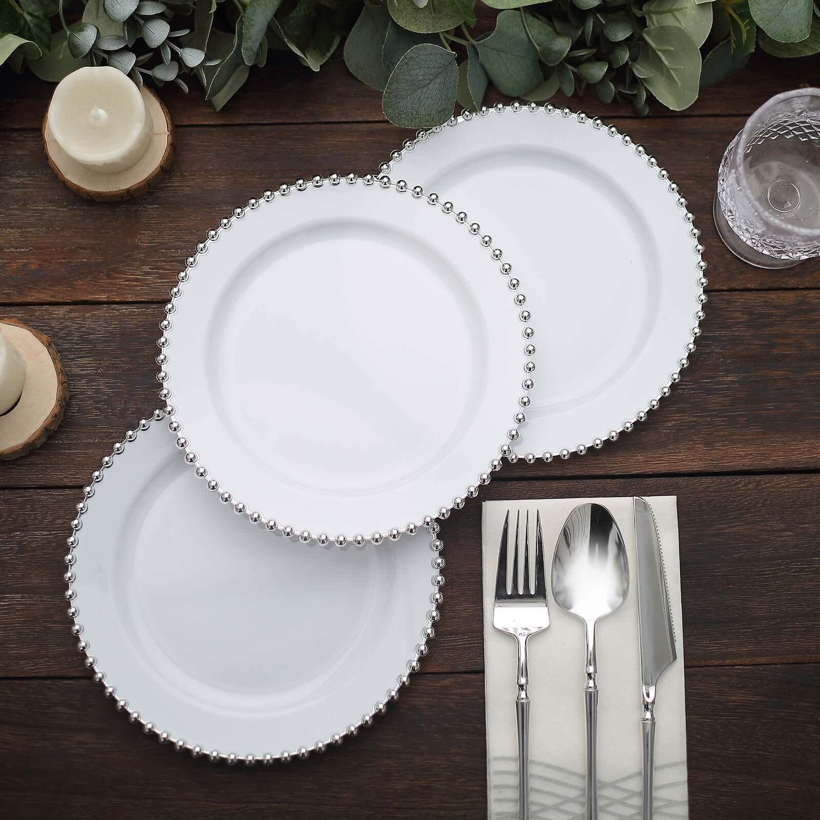 10-Pack White Plastic Dessert Plates – 8" Round with Silver Beaded Rim, Disposable for Parties & Events